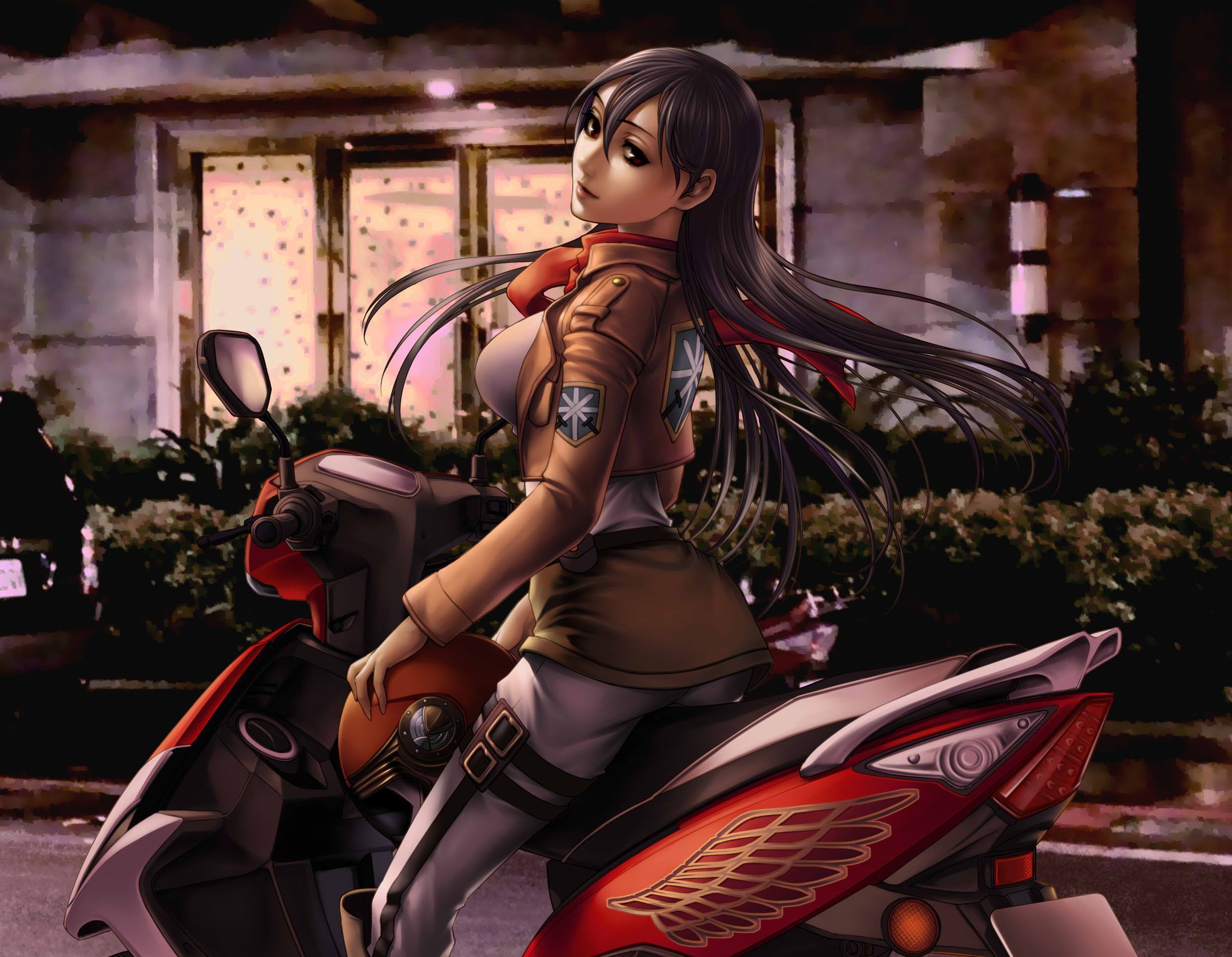 Cg. Микаса киберпанк. Мото аниме. Девушка на мотоцикле аниме. Аниме скутер.