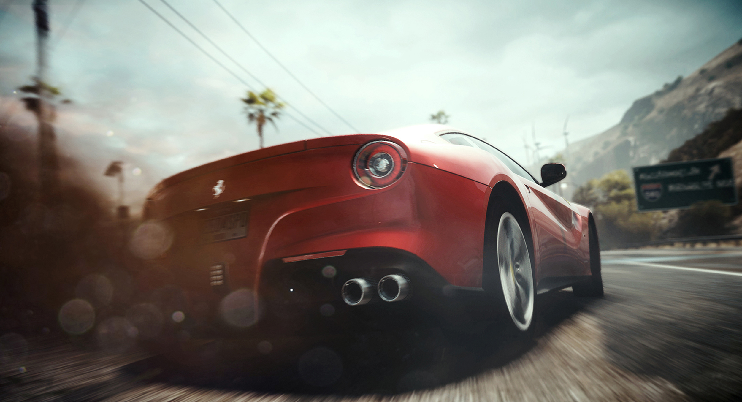 Обои машина, попа, огни, гонка, пыль, занос, Ferrari, Need for Speed Rivals  на телефон и рабочий стол, раздел игры, разрешение 2500x1354 - скачать