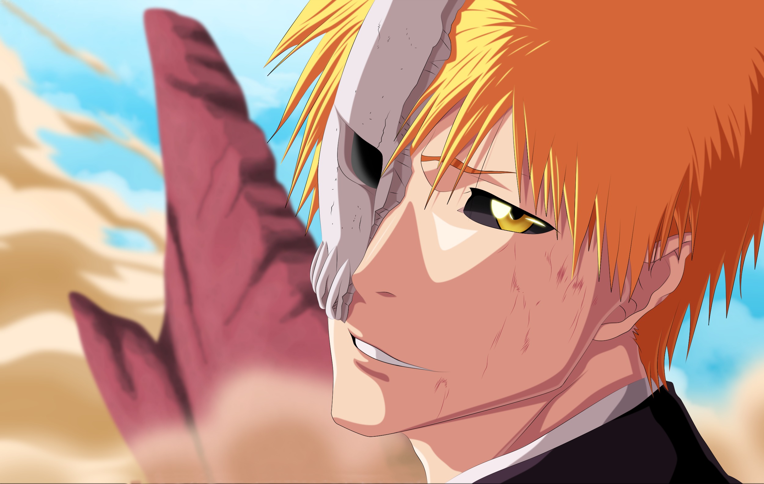 Обои взгляд, лицо, маска, парень, Bleach, anime, art, ichigo kurosaki на  телефон и рабочий стол, раздел сэйнэн, разрешение 2500x1586 - скачать