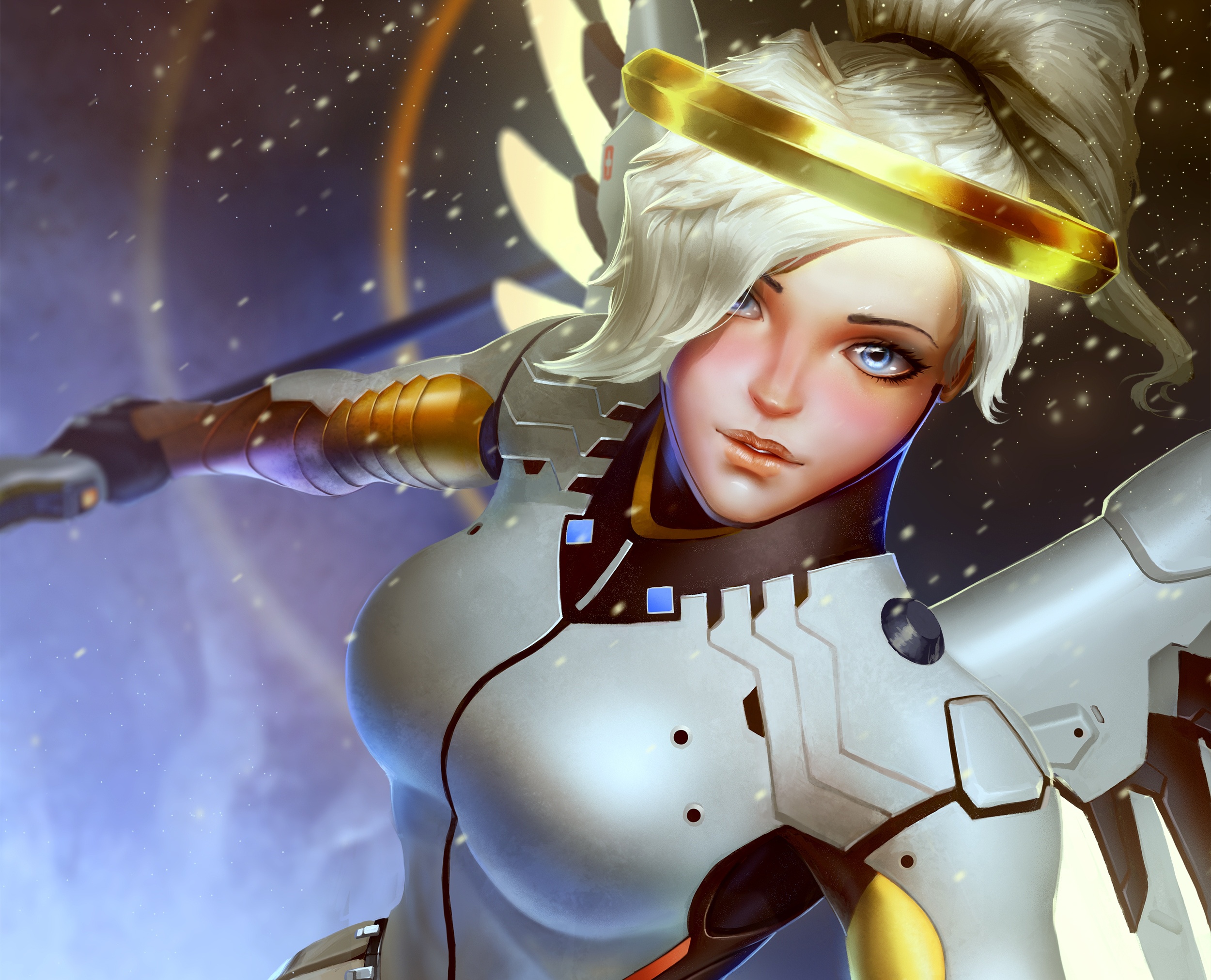 Скачать обои девушка, лицо, крылья, ангел, арт, доктор, overwatch, mercy,  раздел игры в разрешении 2500x2023