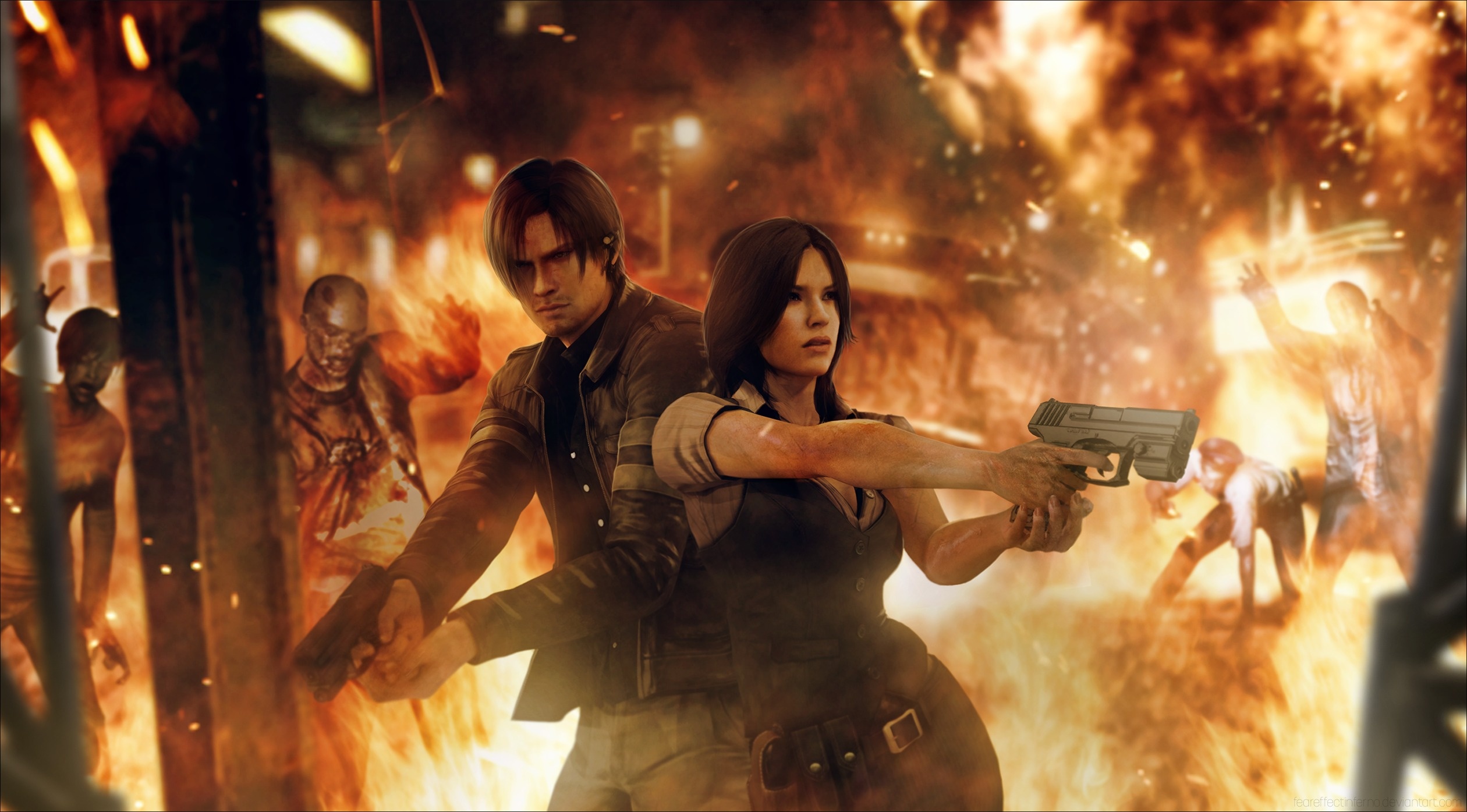 Скачать обои огонь, пистолеты, fan art, Leon Scott Kennedy, Helena Harper,  resident evil 6, Leon S. Kennedy, раздел игры в разрешении 2520x1395