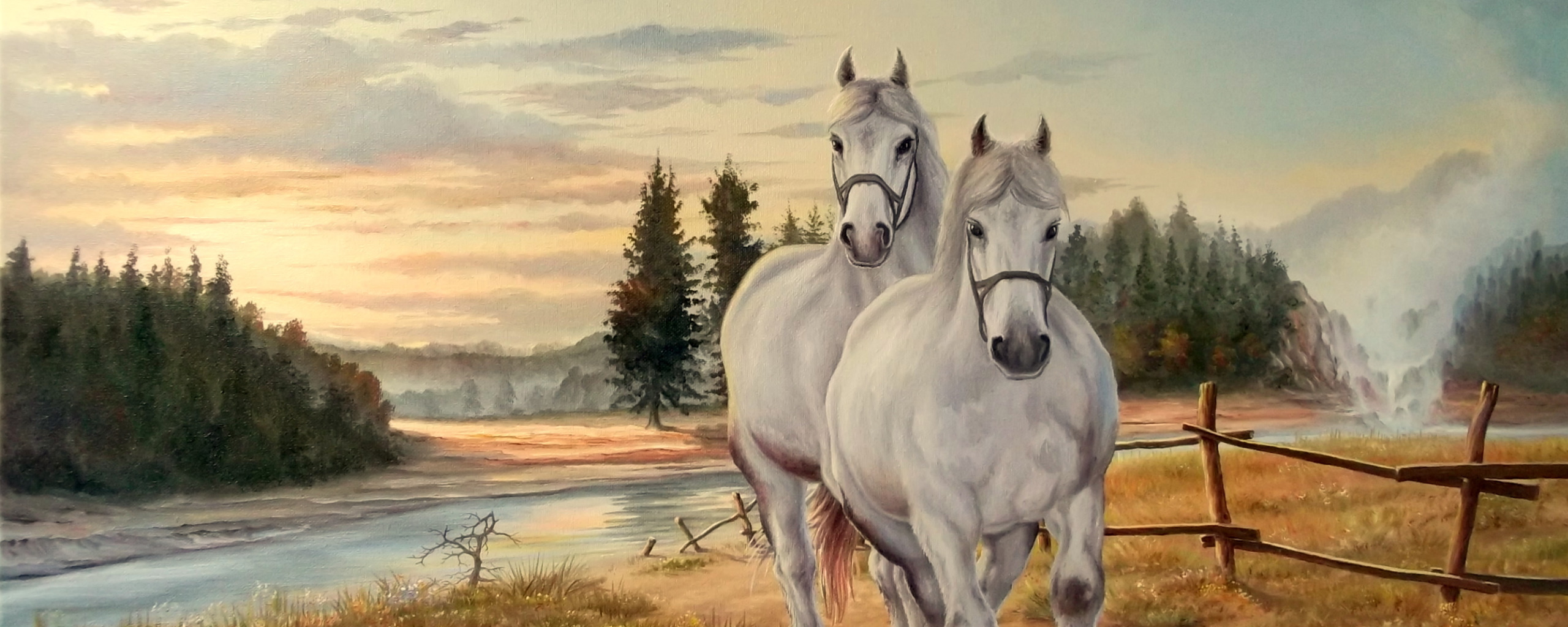 Чудесный витязь коня из реки. Картины осени с лошадями. Лошади у реки картины. Лошадь осень. Обои лошади осень живопись.