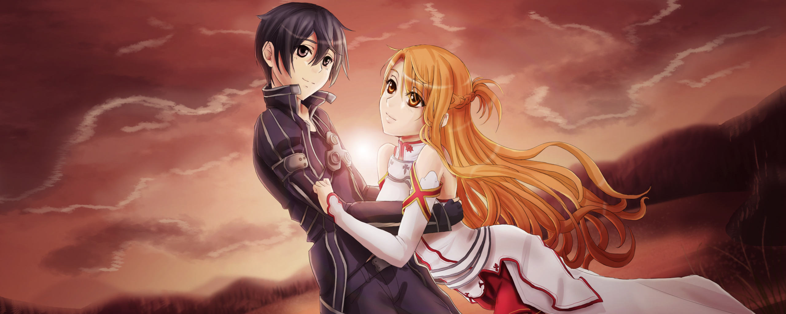 Скачать обои девушка, аниме, парень, Kirito, Asuna, Sword art Online,  раздел сёнэн в разрешении 2560x1024