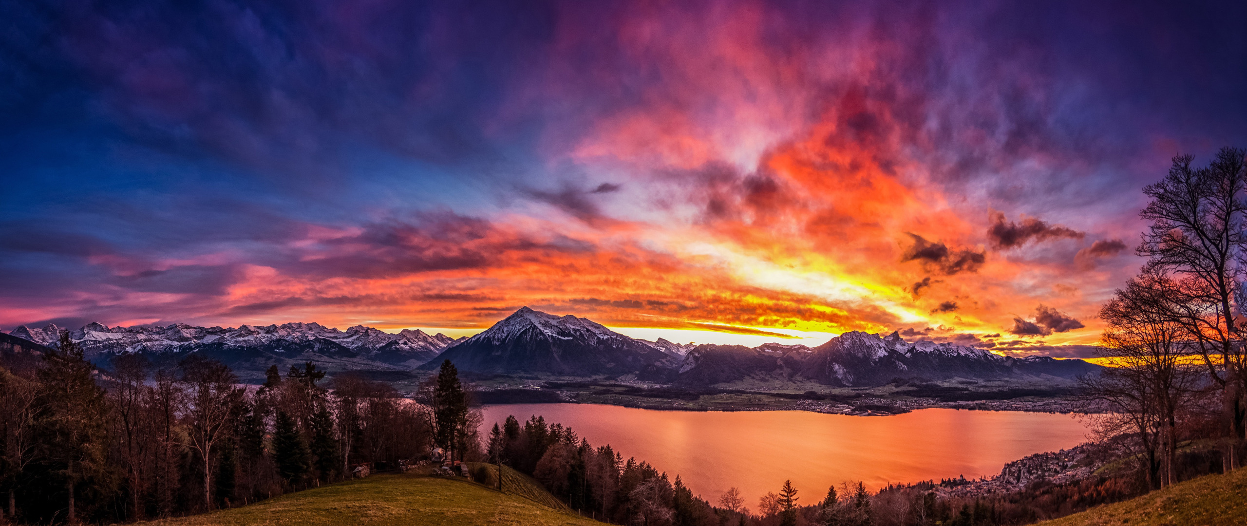 небо, деревья, закат, горы, озеро, Швейцария, Switzerland, Lake Thun