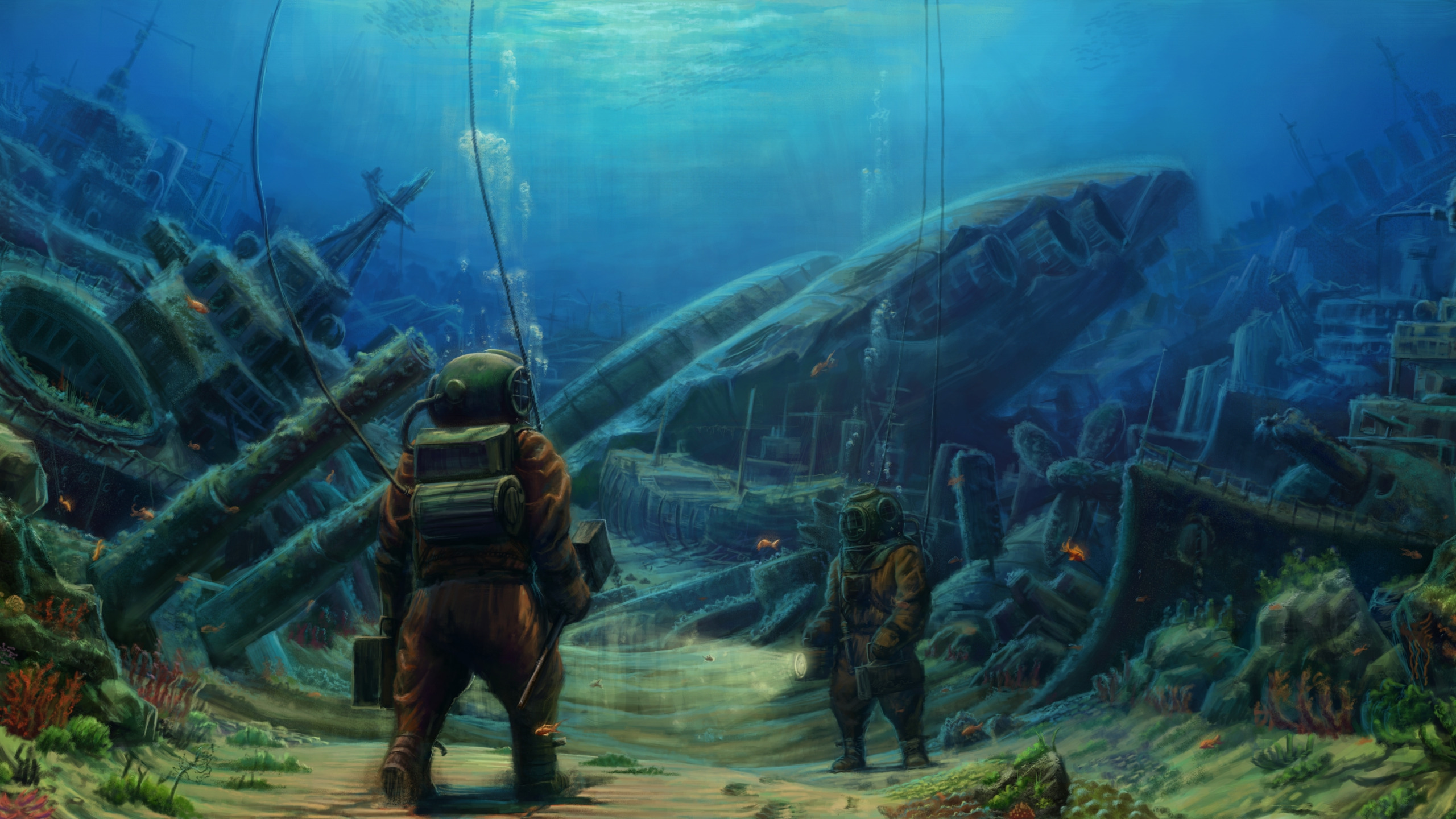Depth wallpaper. Подводный мир с затонувшим кораблем. Игра про подводный мир. Подводный мир фэнтези. Затонувшие корабли фэнтези.