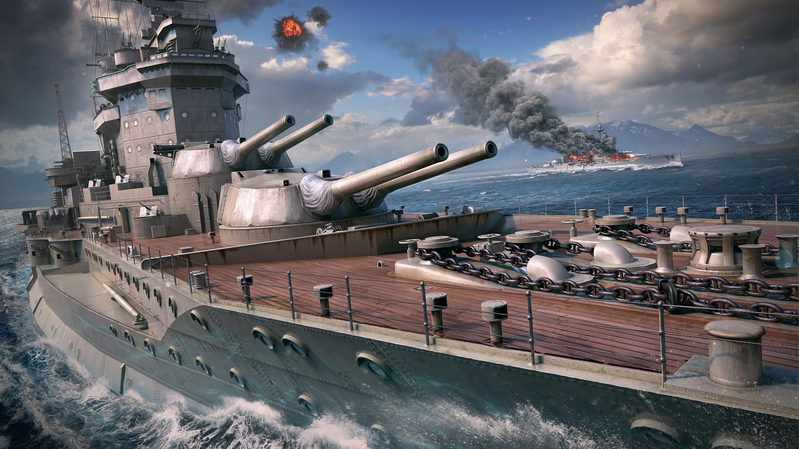 Скачать обои Линкор, Wargaming Net, WoWS, World of Warships, Мир Кораблей,  Warspite, ЕВК Уорспайт, HMS Warspite, раздел игры в разрешении 2560x1440