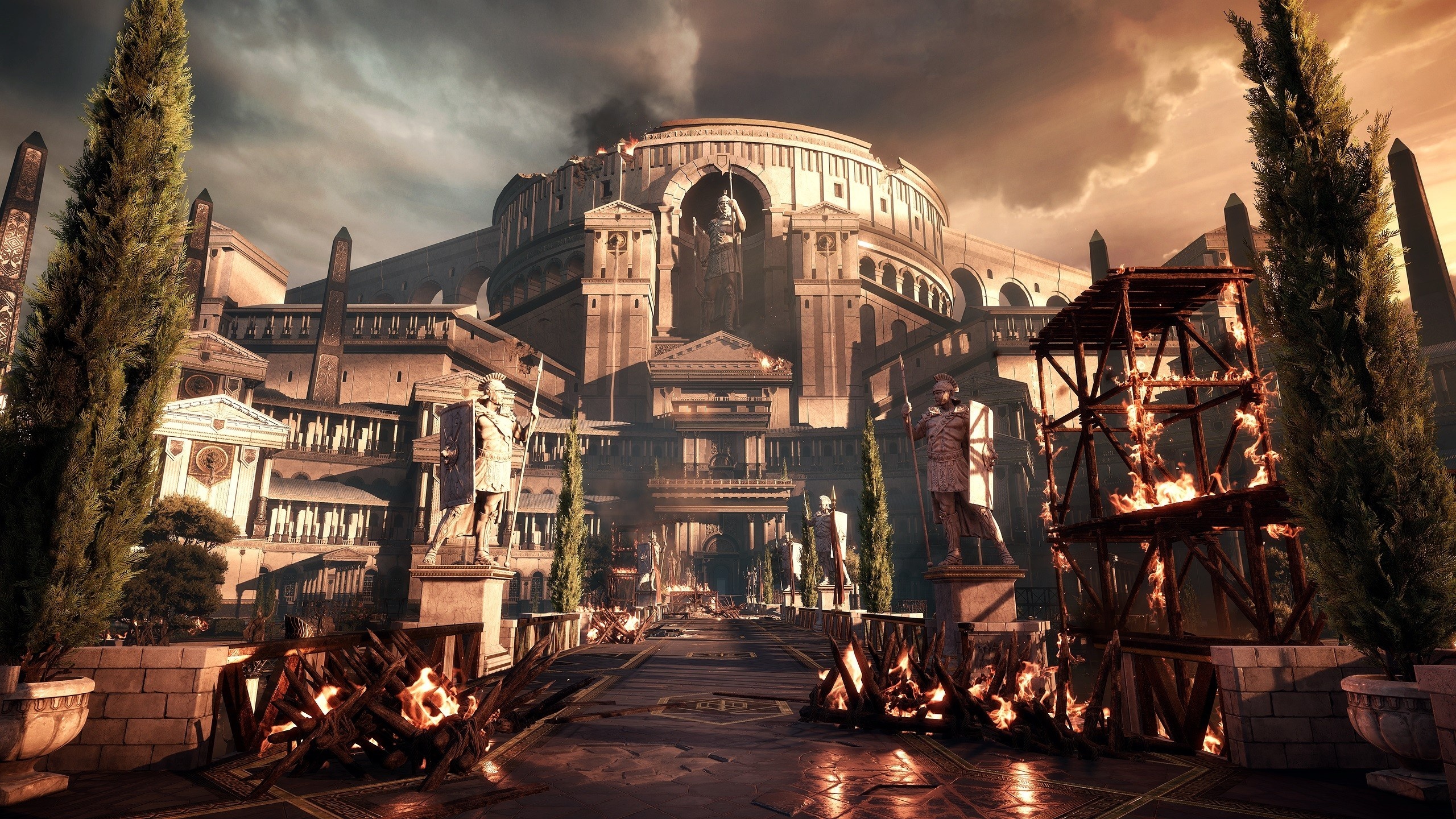 Скачать обои City, Fire, Rome, Crytek, Microsoft Game Studios, Ryse: Son of  Rome, Statues, Barricades, раздел игры в разрешении 2560x1440