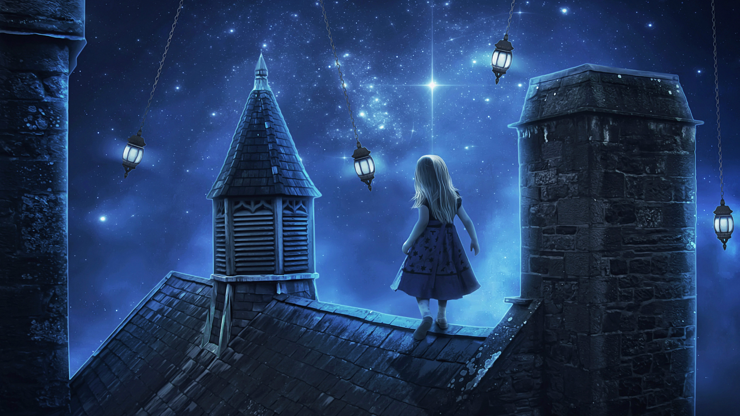Лунатики летают. Ночь фэнтези. Сказочная ночь. Девочка и звезды. Волшебство ночи.