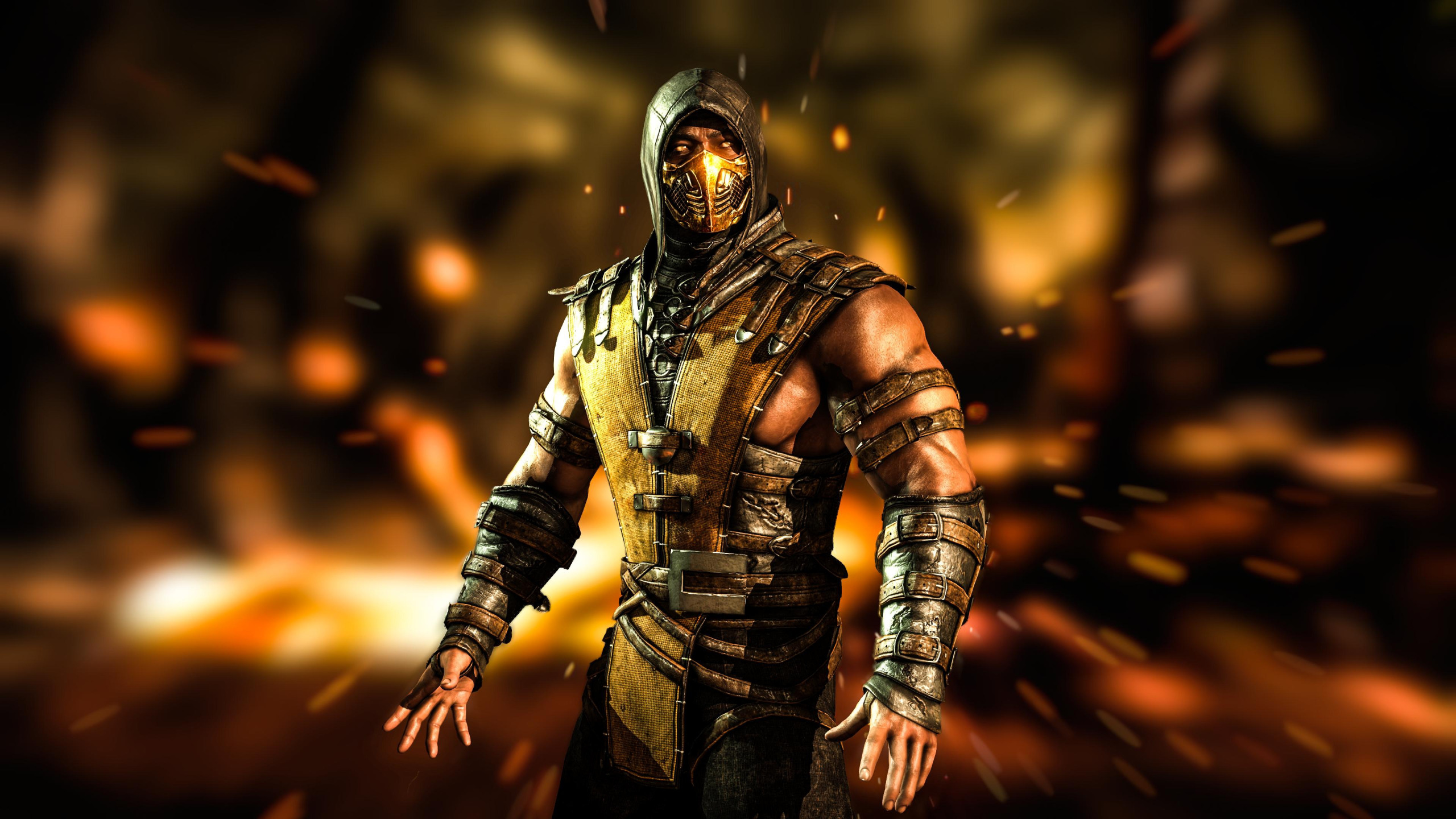 Скачать обои Желтый, Огонь, Ниндзя, Скорпион, Боец, Мортал Комбат,  Scorpion, Mortal Kombat X, раздел игры в разрешении 2560x1440