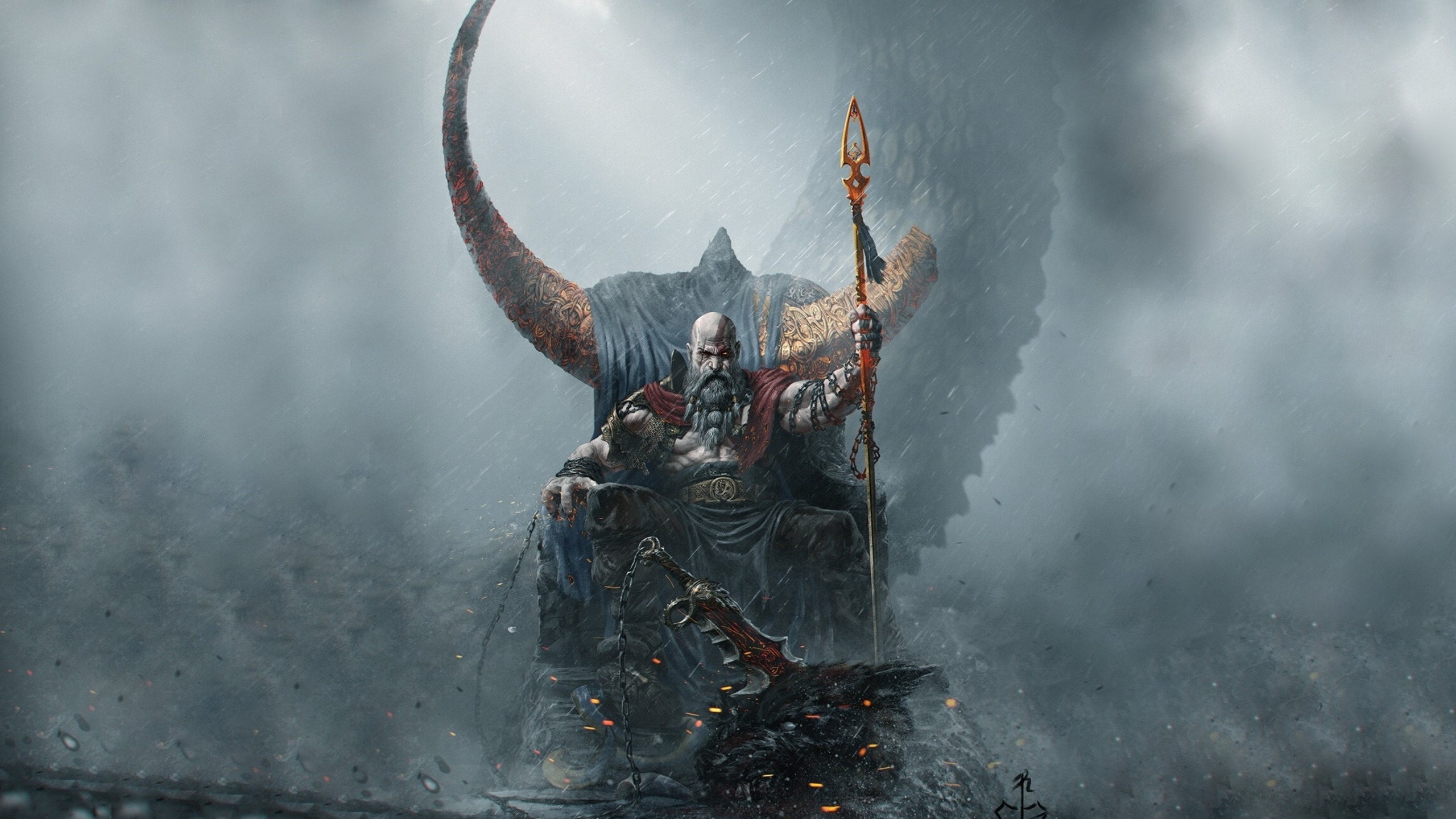 Скачать обои Kratos, Кратос, God Of War, Blades of Chaos, Клинки Хаоса,  Çağlayan Kaya Göksoy, Valhalla Fallen, Копьё Одина, раздел игры в  разрешении 2560x1440