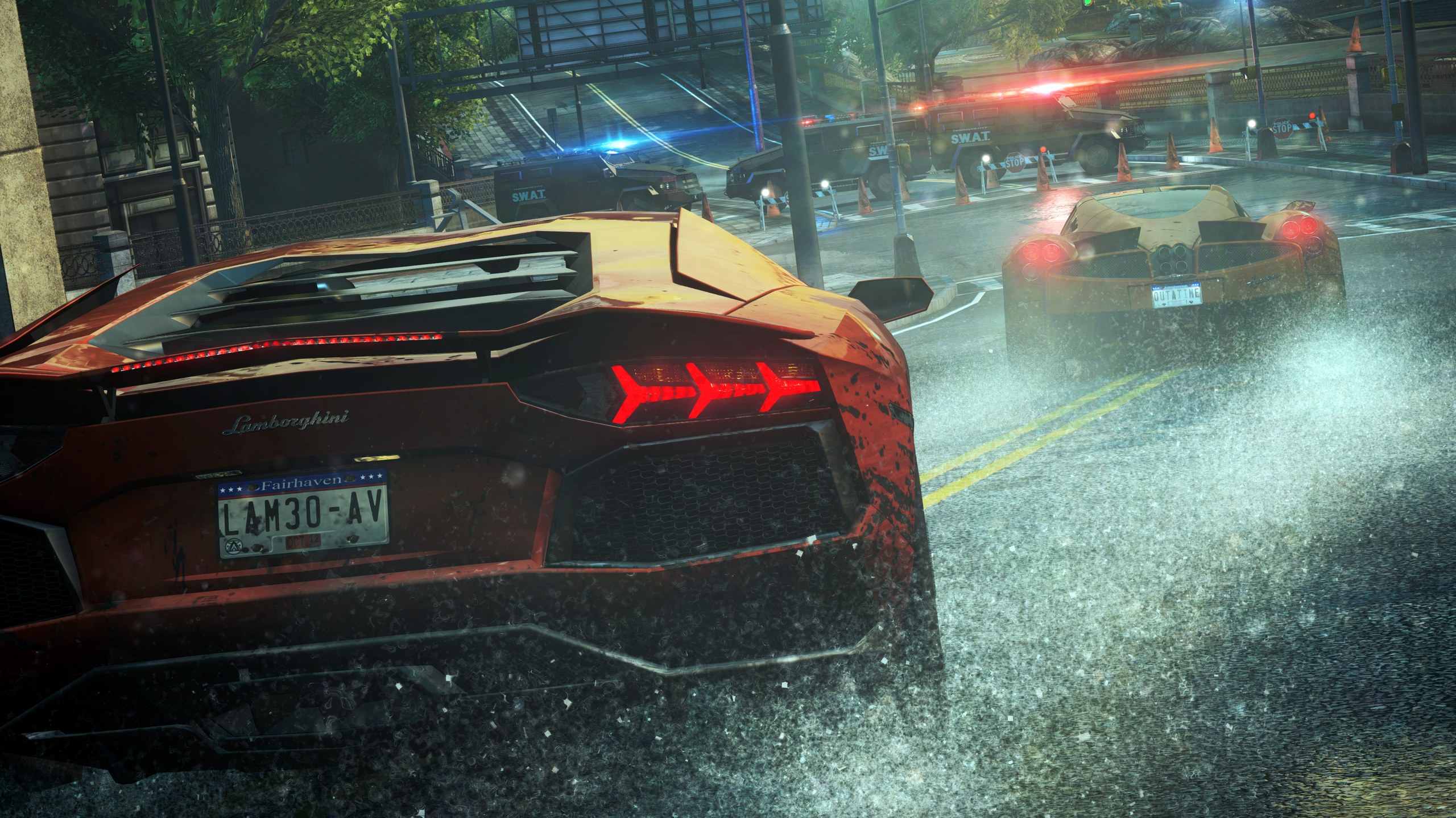 Обои дождь, гонка, полиция, Lamborghini, тачки, Need For Speed Most Wanted,  cars на телефон и рабочий стол, раздел игры, разрешение 2560x1440 - скачать