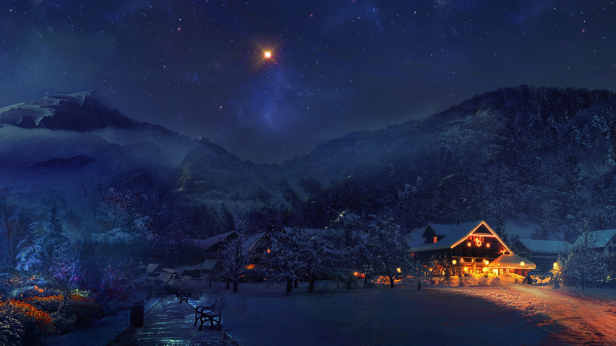 Красивая зима ночь. Зима ночь. Зимний ночной пейзаж. Рождественская ночь. Домик в снежных горах ночью.