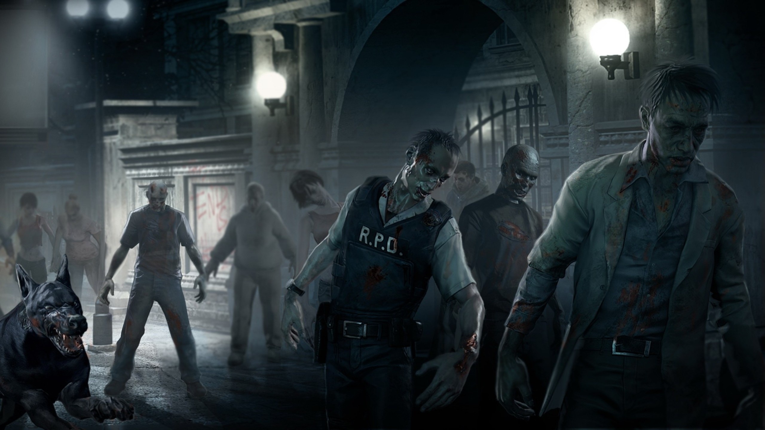 Скачать обои zombie, blood, game, undead, police, dog, Resident Evil, man,  раздел игры в разрешении 2560x1440