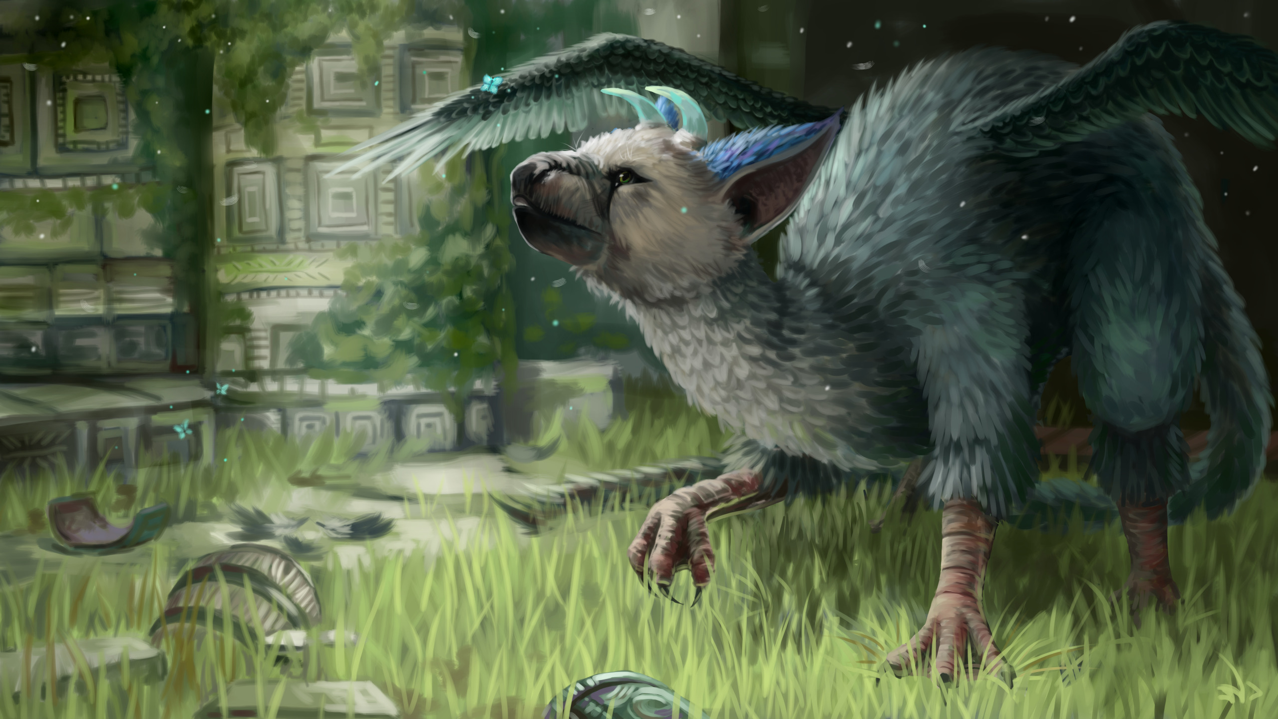 Скачать обои трава, камни, храм, трику, the last guardian, triku, раздел  игры в разрешении 2560x1440