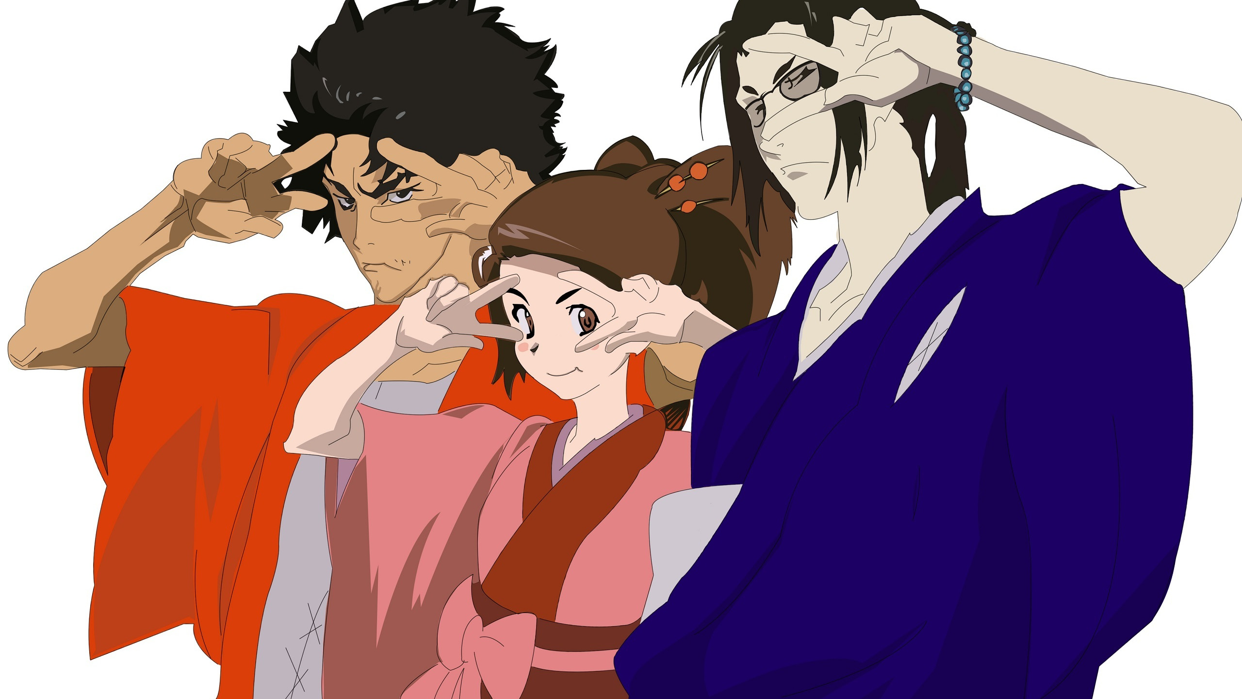 Скачать обои очки, кимоно, жест, трое, jin, samurai champloo, fuu, mugen,  раздел сёнэн в разрешении 2560x1440