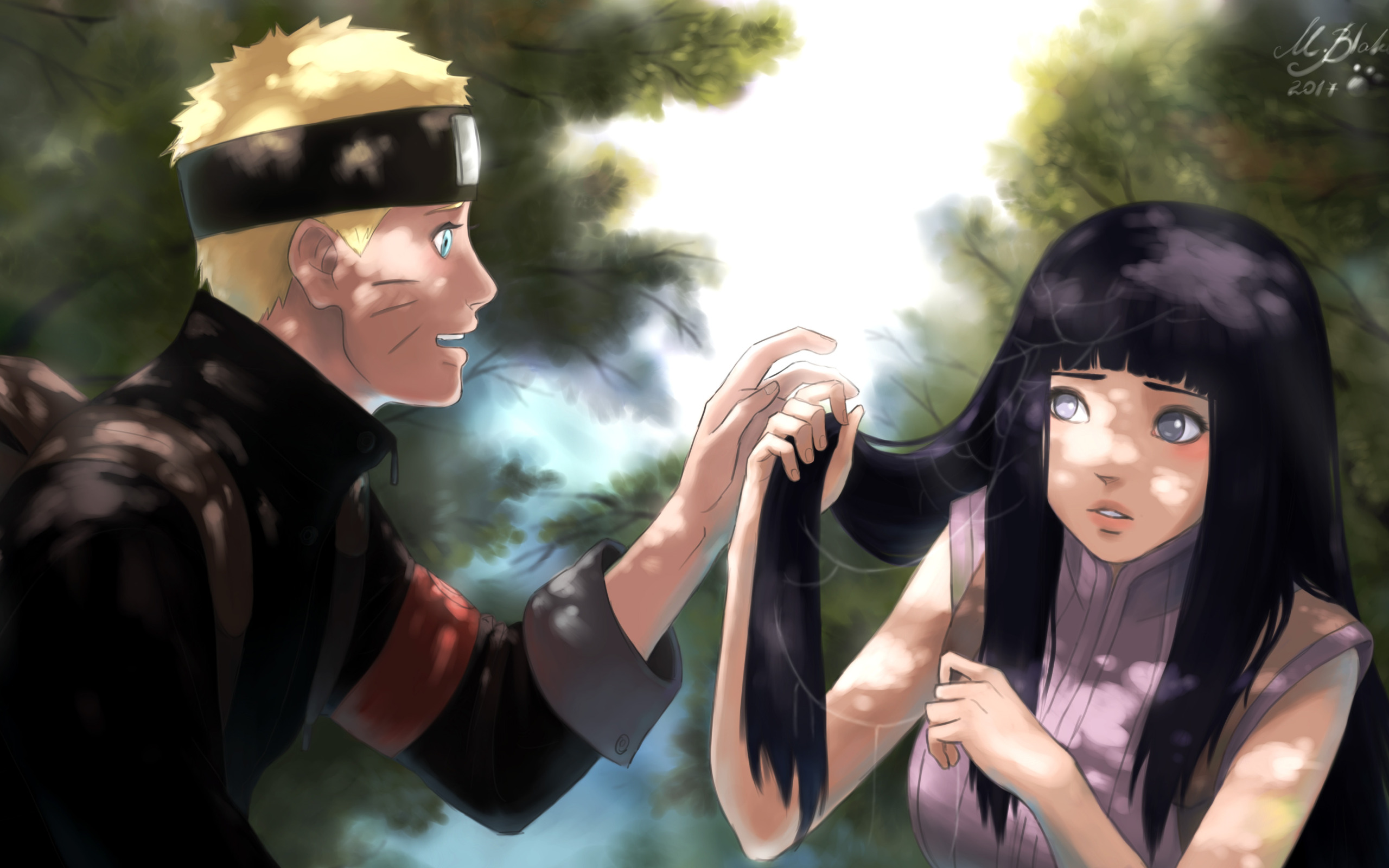 Скачать обои девушка, паутина, парень, naruto, art, Hyuuga Hinata, Uzumaki  Naruto, by BlackMarlb0r0, раздел прочее в разрешении 2560x1600