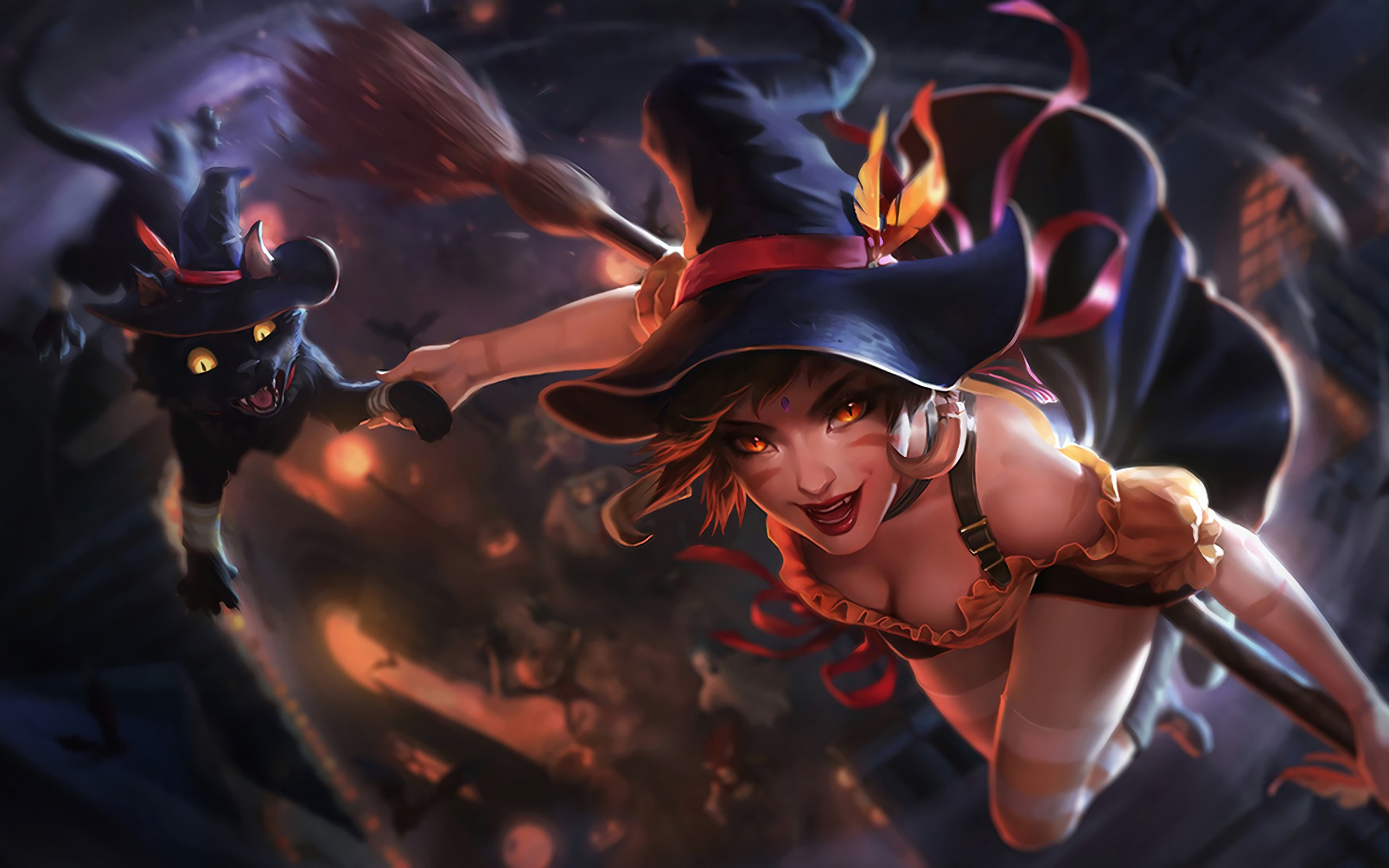 Скачать обои полет, ночь, Halloween, ведьма, метла, хэллоуин, черный кот,  League of Legends, раздел игры в разрешении 2560x1600