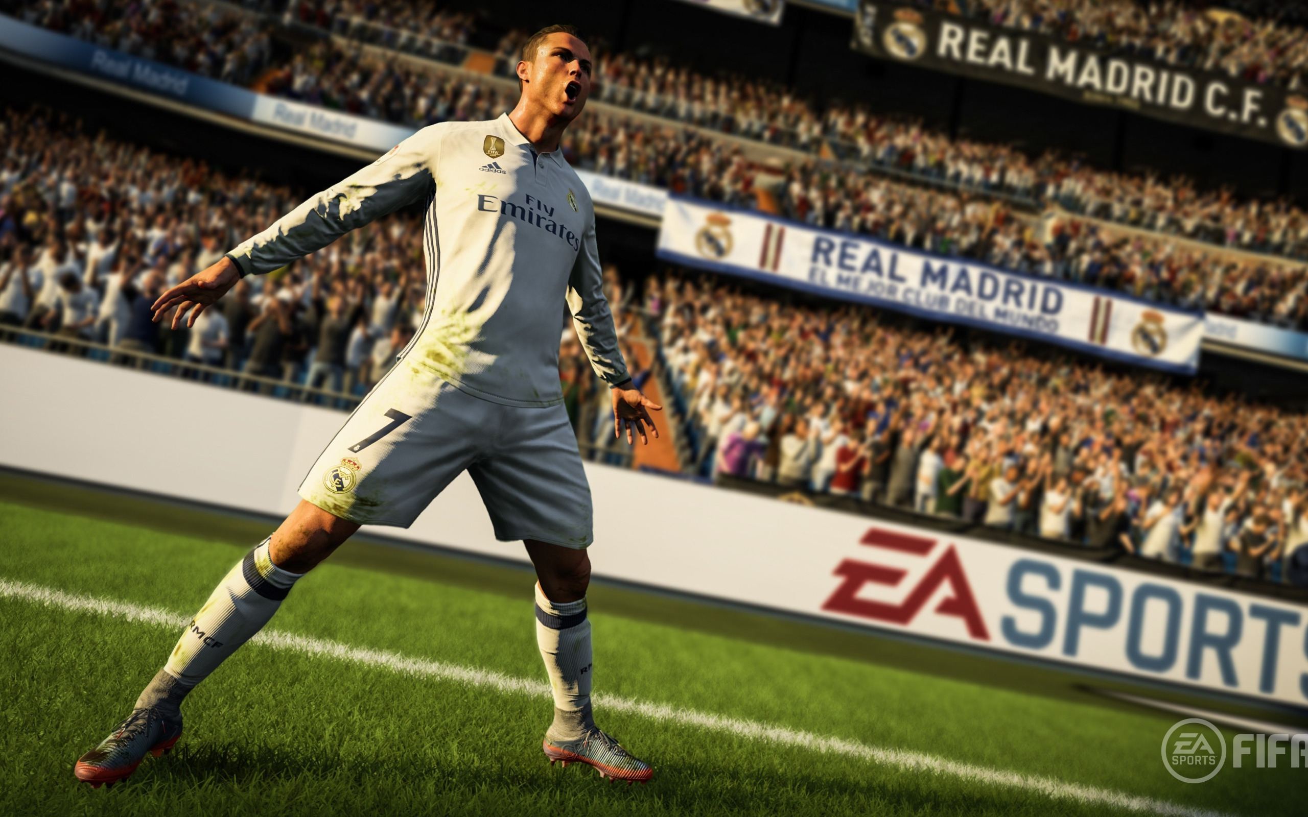 Скачать обои logo, Cristiano Ronaldo, game, Adidas, stadium, soccer, Real  Madrid, Electronic Arts, раздел игры в разрешении 2560x1600