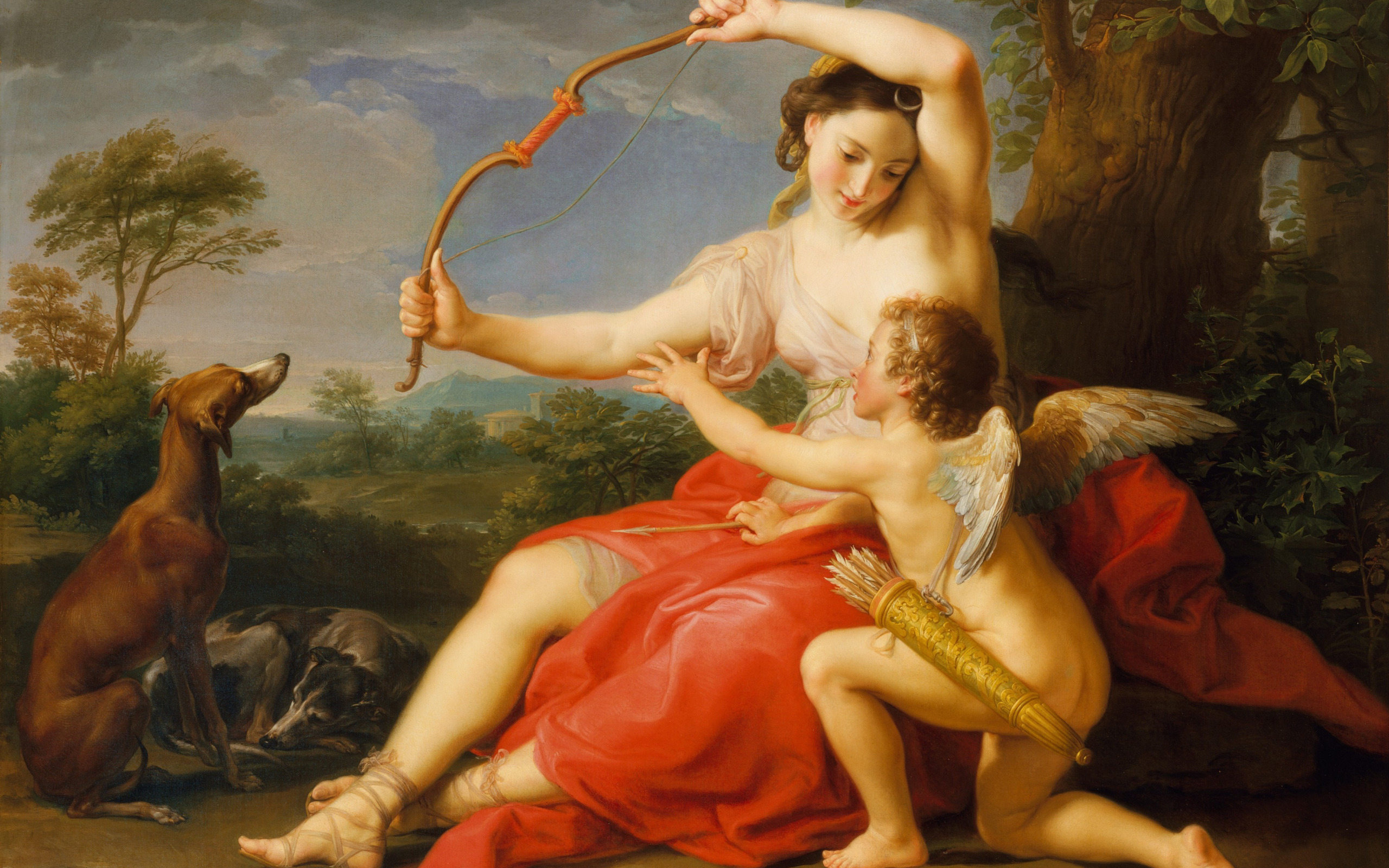 Скачать обои игра, купидон, Диана, Pompeo Batoni, раздел живопись в  разрешении 2560x1600