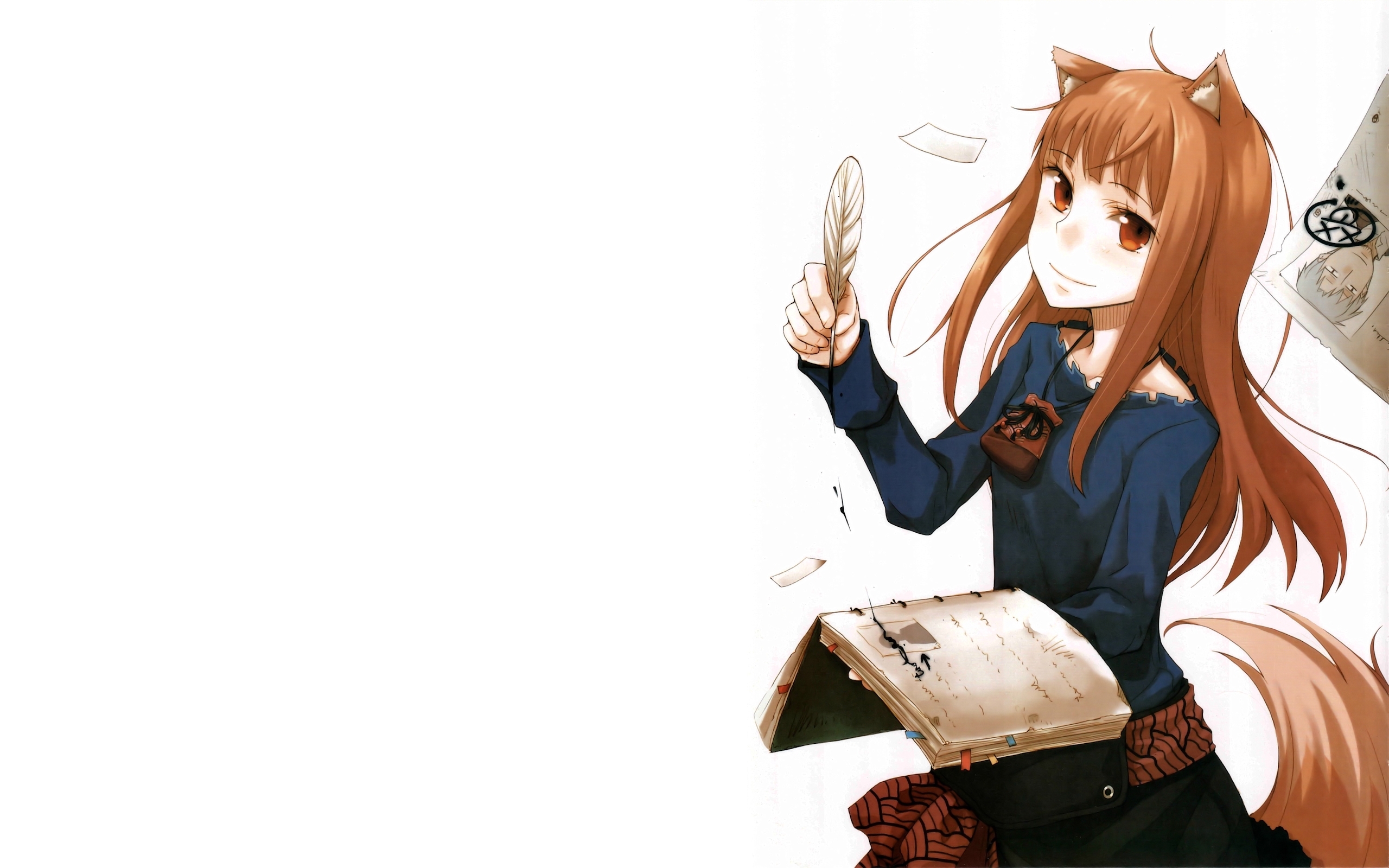 Скачать обои перо, Белый фон, Аниме, Хоро, Волчица и пряности, Spice and  Wolf, Horo, Вушка, раздел сёдзё в разрешении 2560x1600