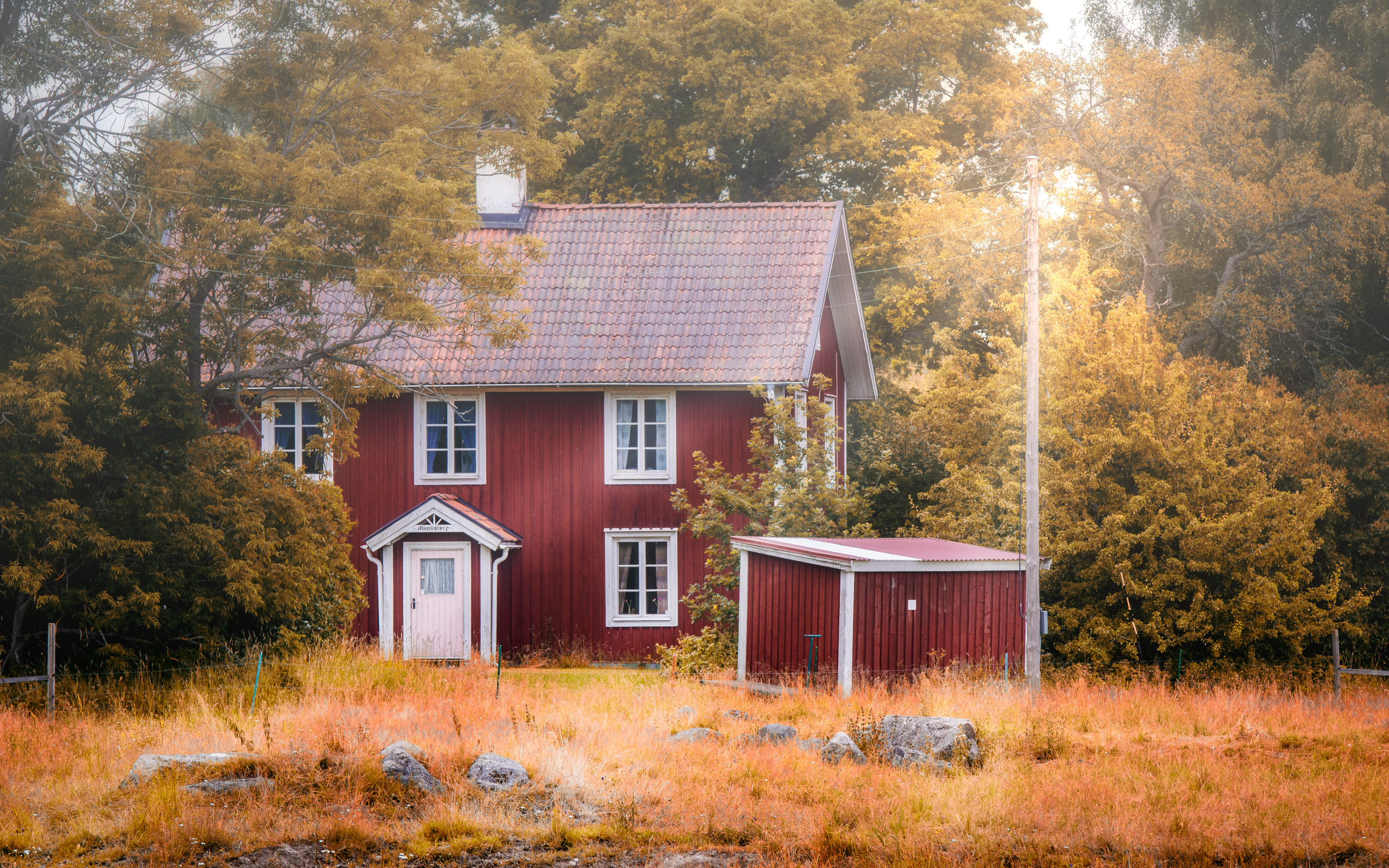 Morning house. Красный домик в лесу. Небольшой дом в лесу. Шведский домик в лесу. Коттедж осень.