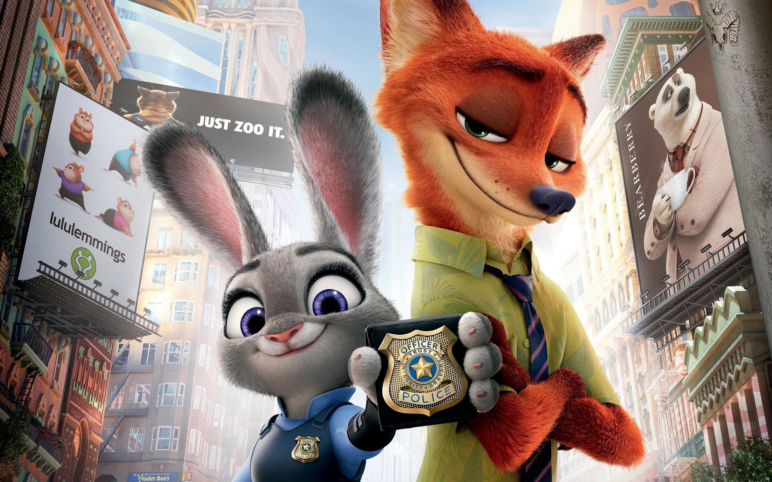 Скачать обои кролик, лис, значёк, Zootopia, Зверополис, раздел фильмы в  разрешении 2560x1600