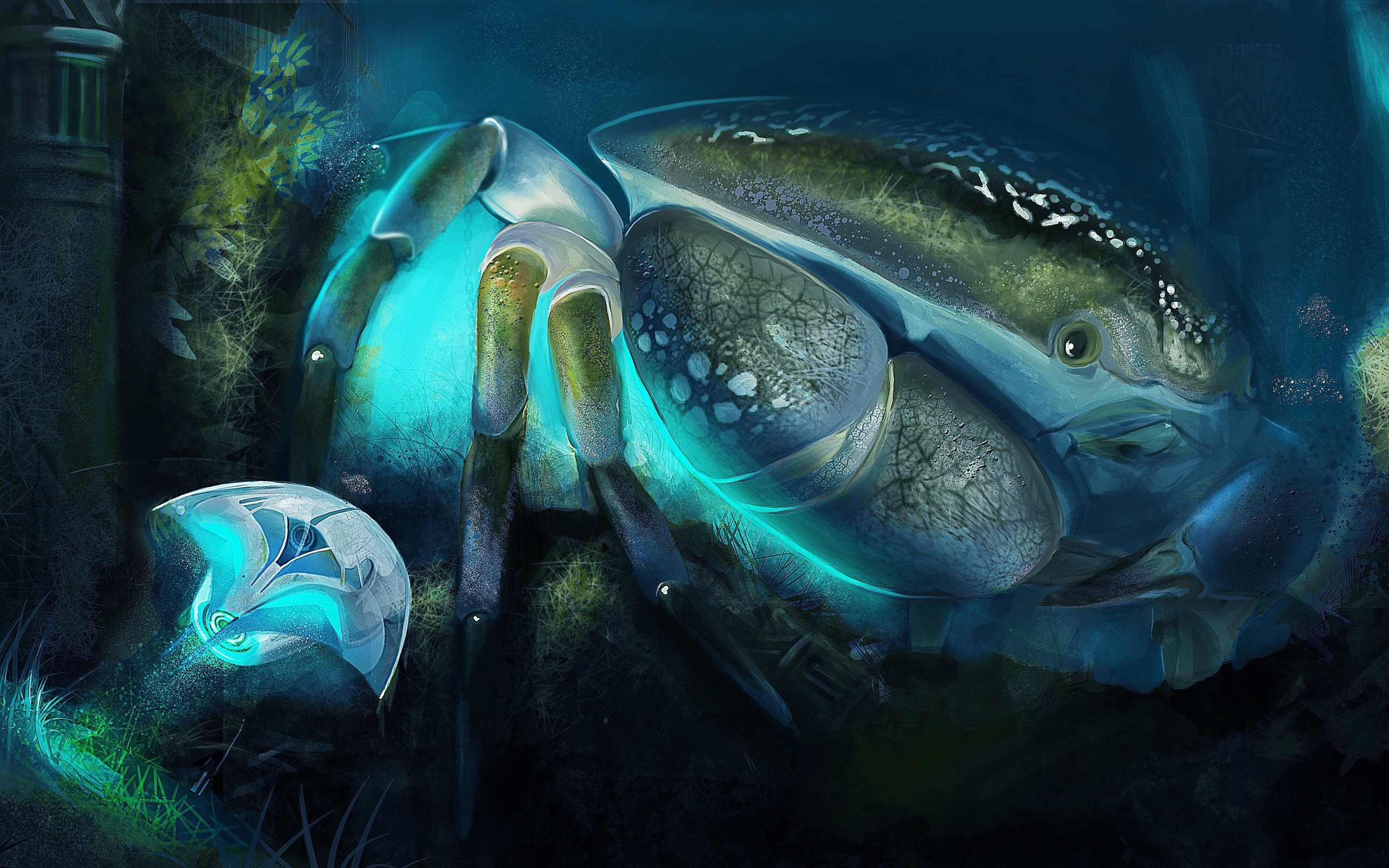 Космический краб. Фантастический подводный мир. Рыбы фэнтези. Обои на рабочий стол подводный мир. Морские обитатели фэнтези.