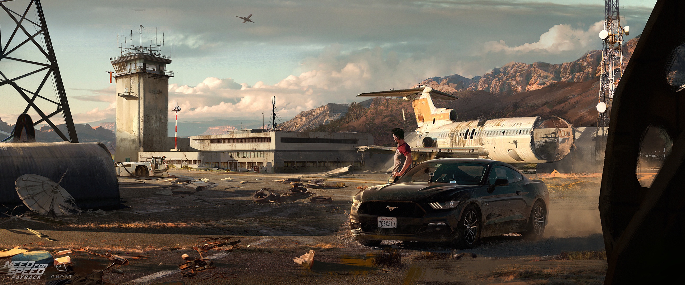 Обои авто, ford mustang, art, летное поле, Need for Speed: Payback на  телефон и рабочий стол, раздел игры, разрешение 2591x1080 - скачать