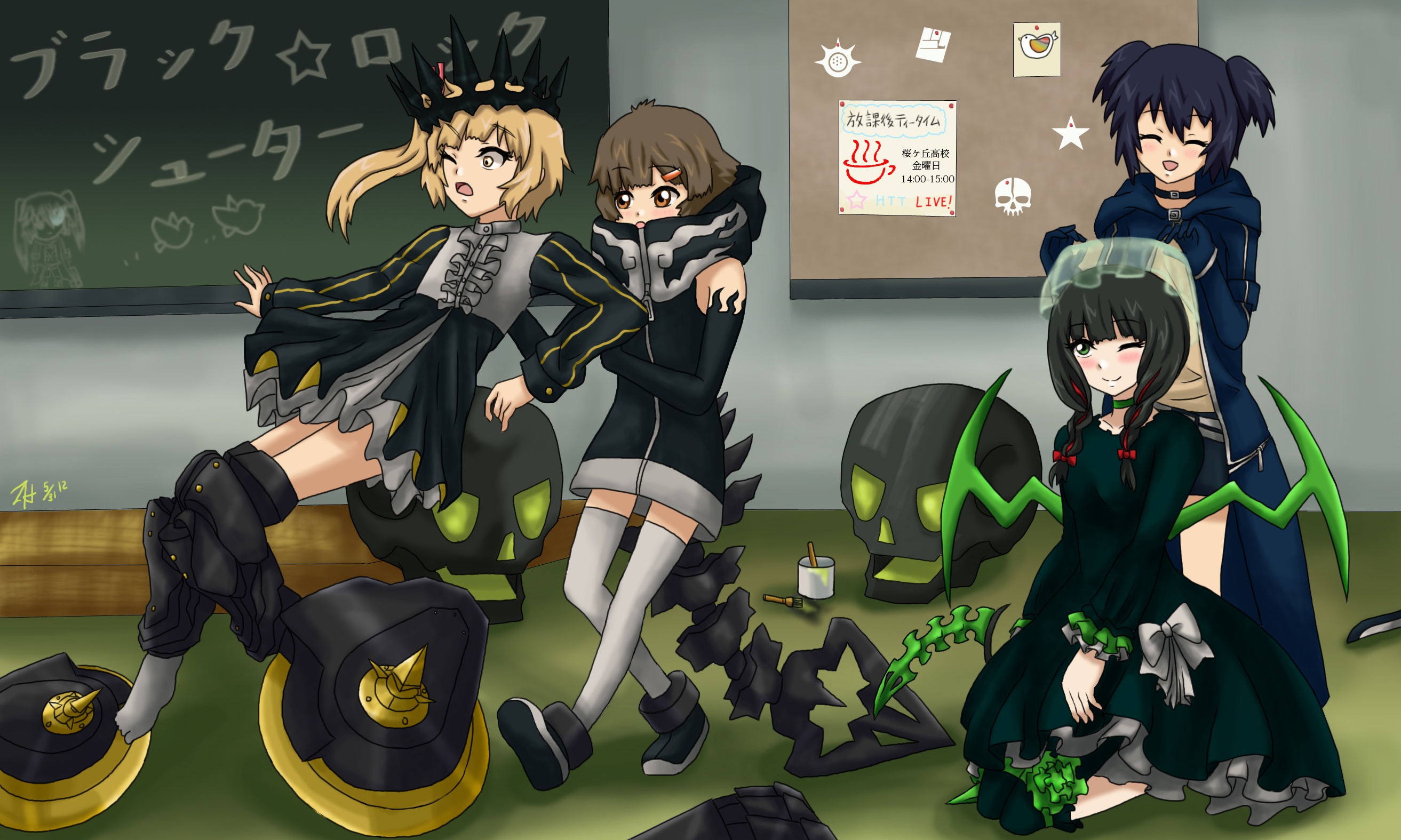 Скачать обои девочки, череп, арт, школа, black rock shooter, веселье,  takanashi yomi, kuroi mato, раздел аниме в разрешении 2626x1575