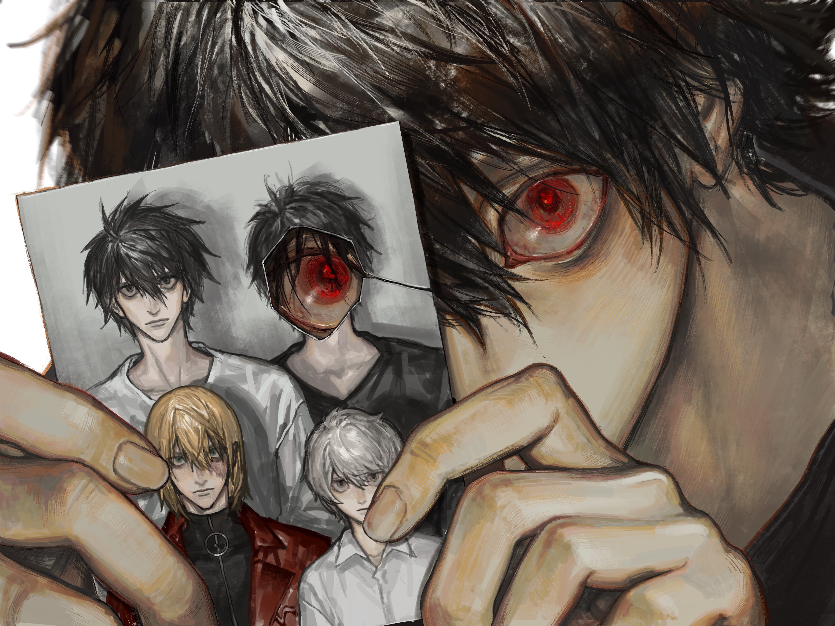 Скачать обои фото, парни, Death Note, Near, Beyond Birthday, Mello, L  Lawliet, Death Note Another Note, раздел арт в разрешении 2732x2048