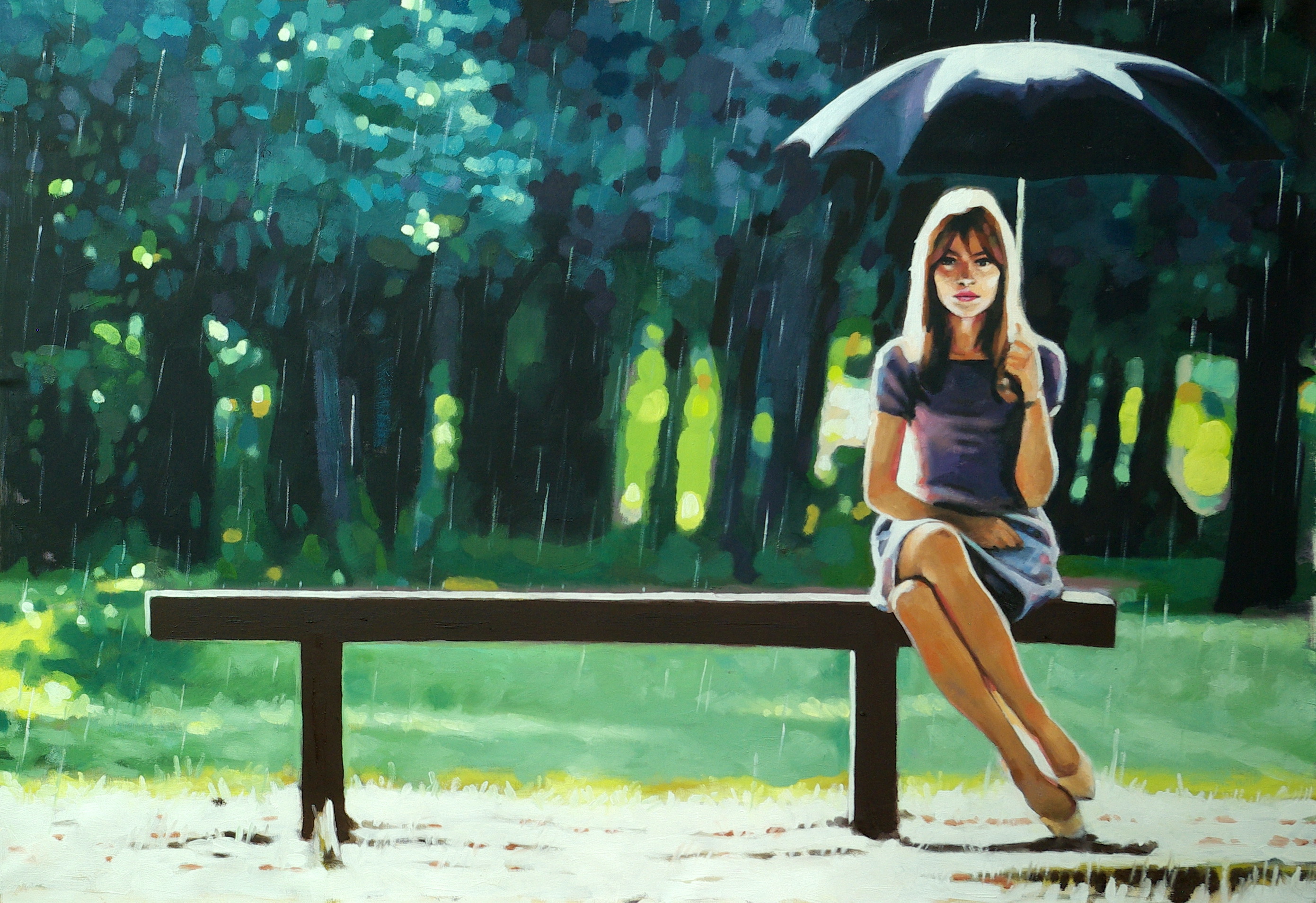 Зонтик сидит. Thomas Saliot картины. Девочка на скамейке. Девушка с зонтом. Девушка под зонтиком.