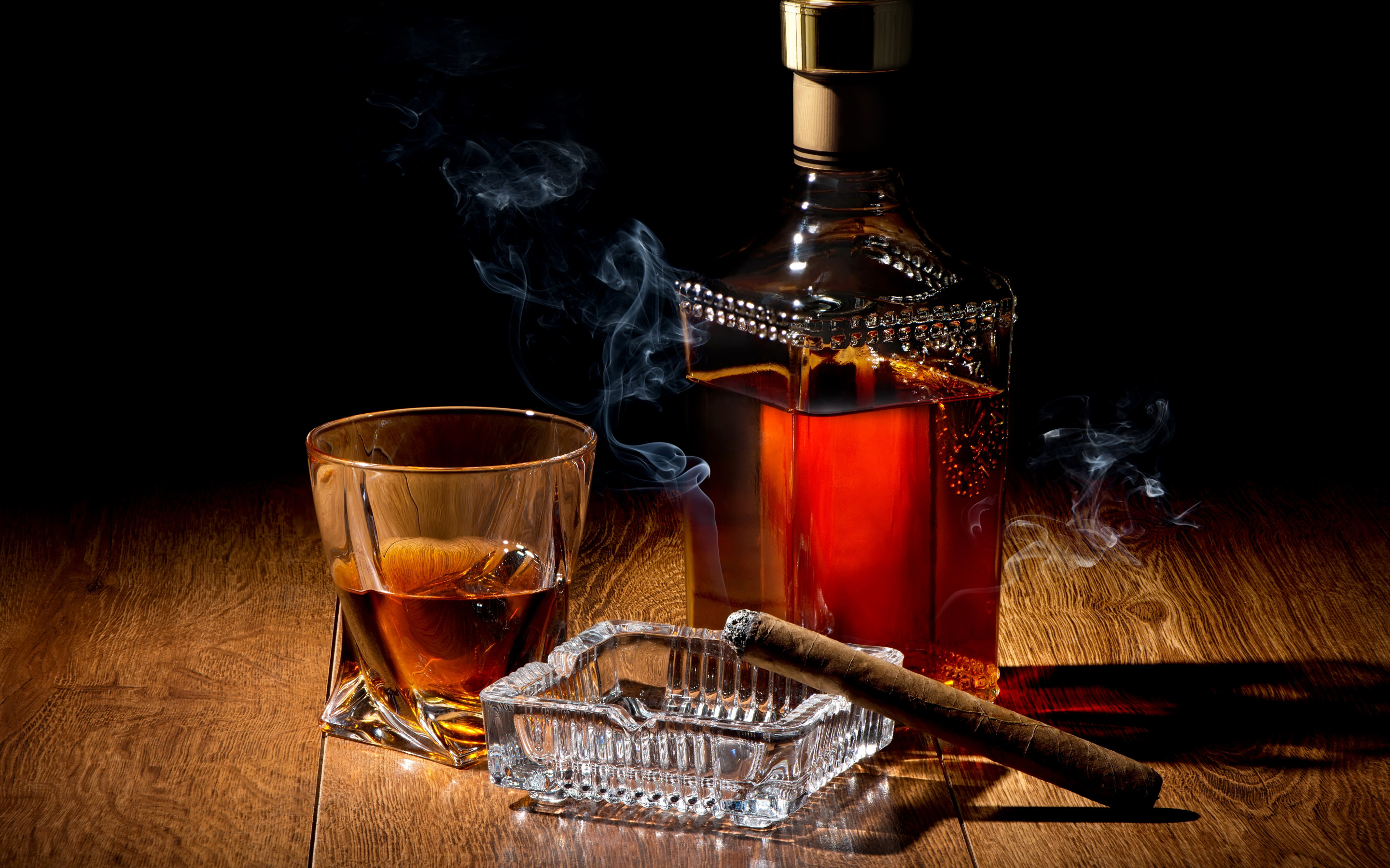 Скачать обои стакан, дым, тень, сигара, виски, smoke, whisky, Drinks,  раздел еда в разрешении 2880x1800