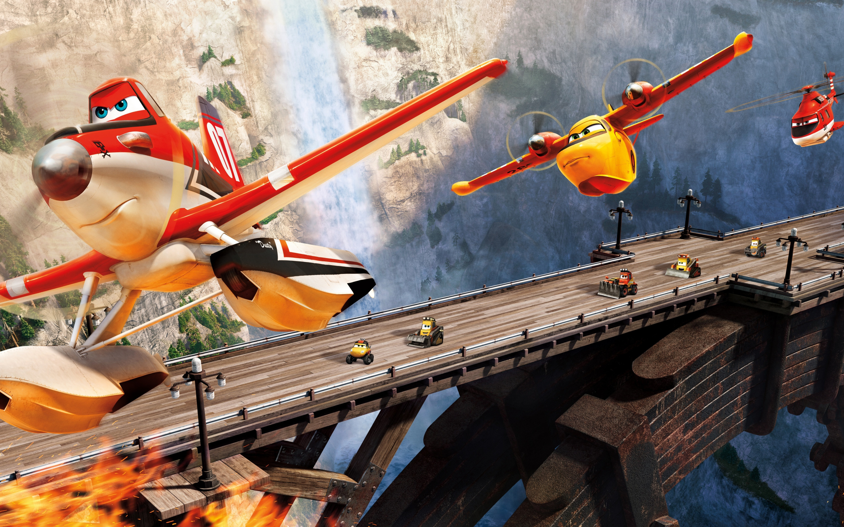 Скачать обои машины, мост, мультик, самолеты спасатили, PLANES FIRE &  RESCUE, раздел фильмы в разрешении 2880x1800