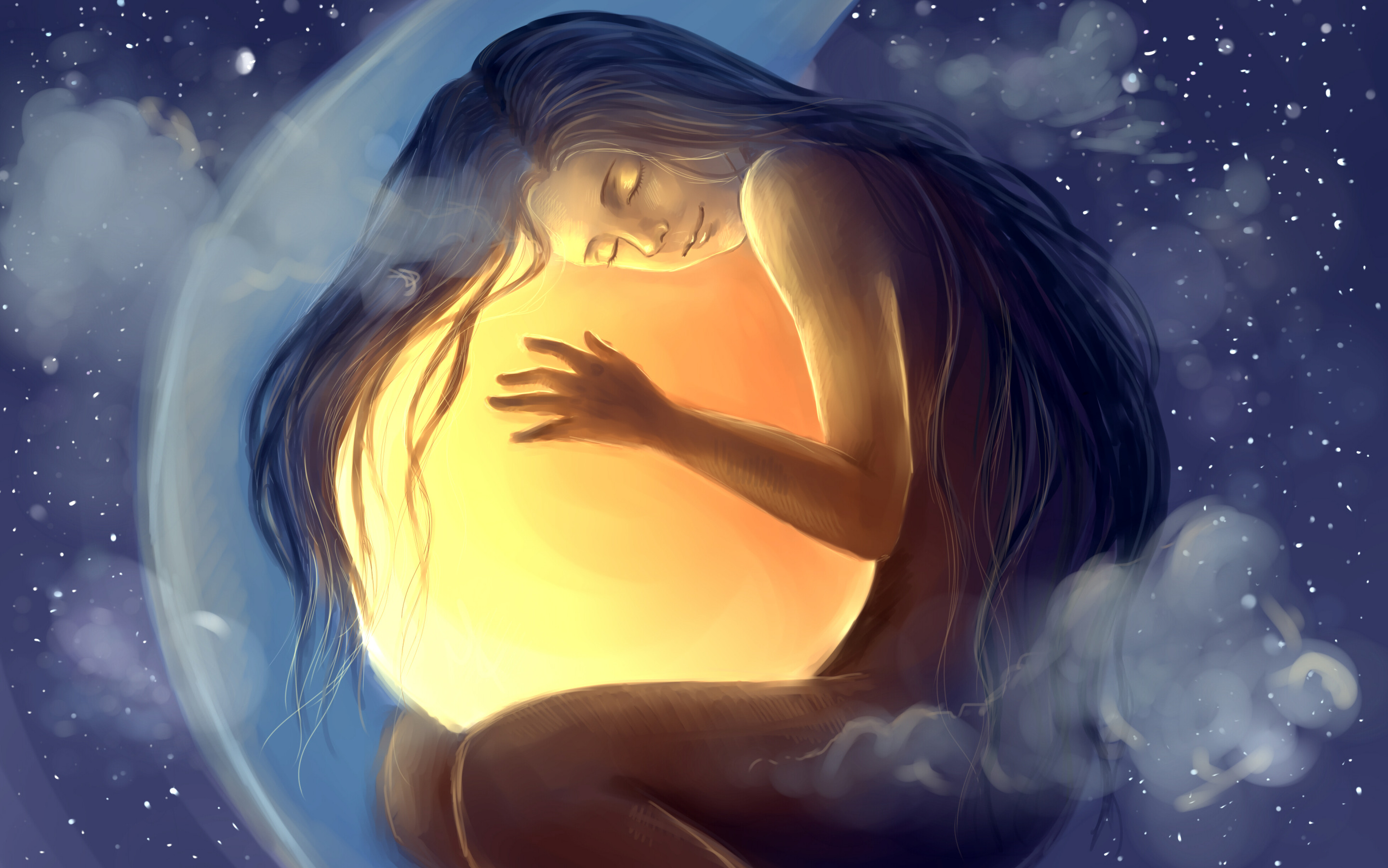 Словно в ярком сне. Девушка обнимает солнце. Женщина Луна. Счастливых снов. Мужчина солнце женщина Луна.