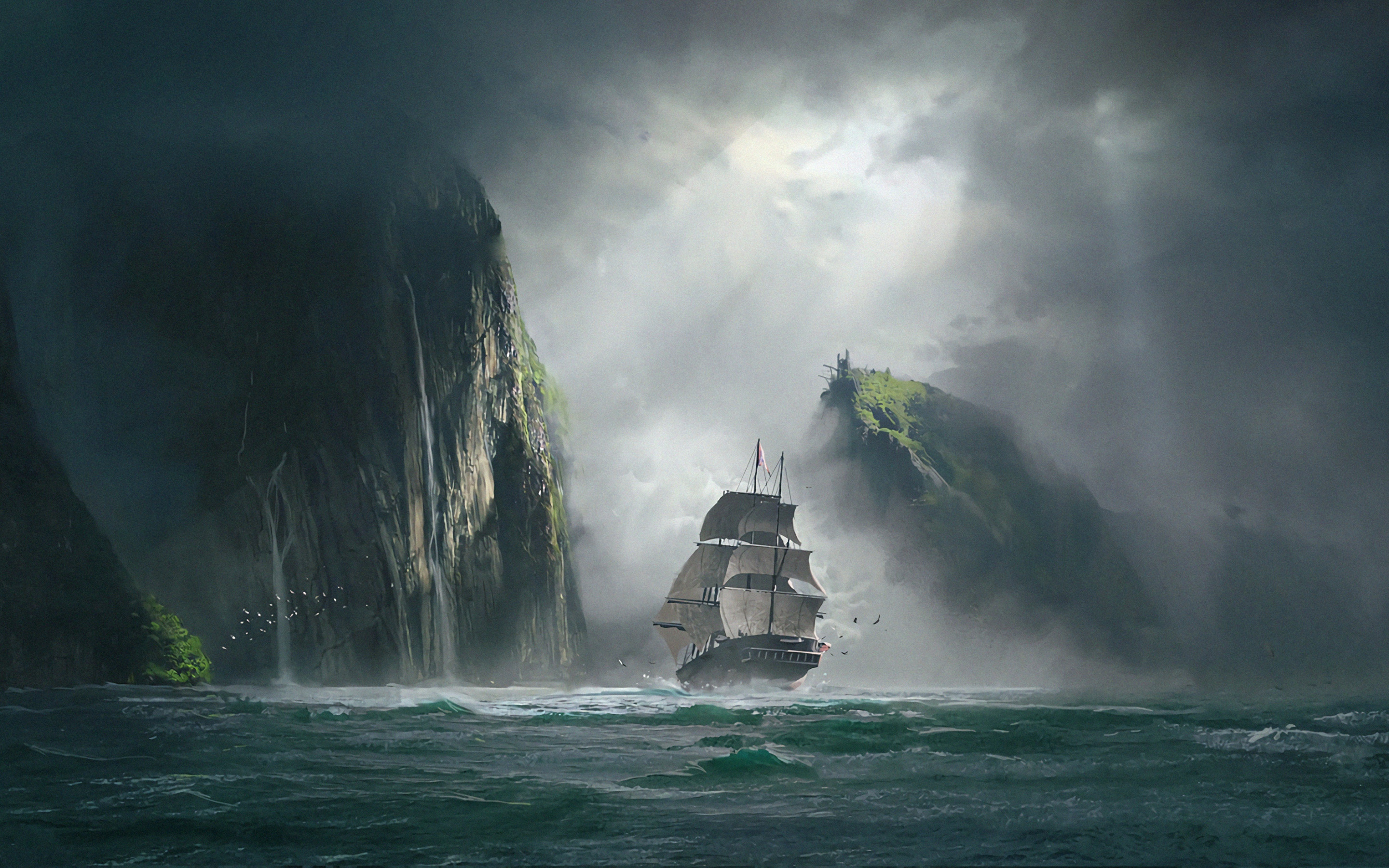 Пароход скалы. Корабль в тумане. Корабль в шторм. Корабль фэнтези.