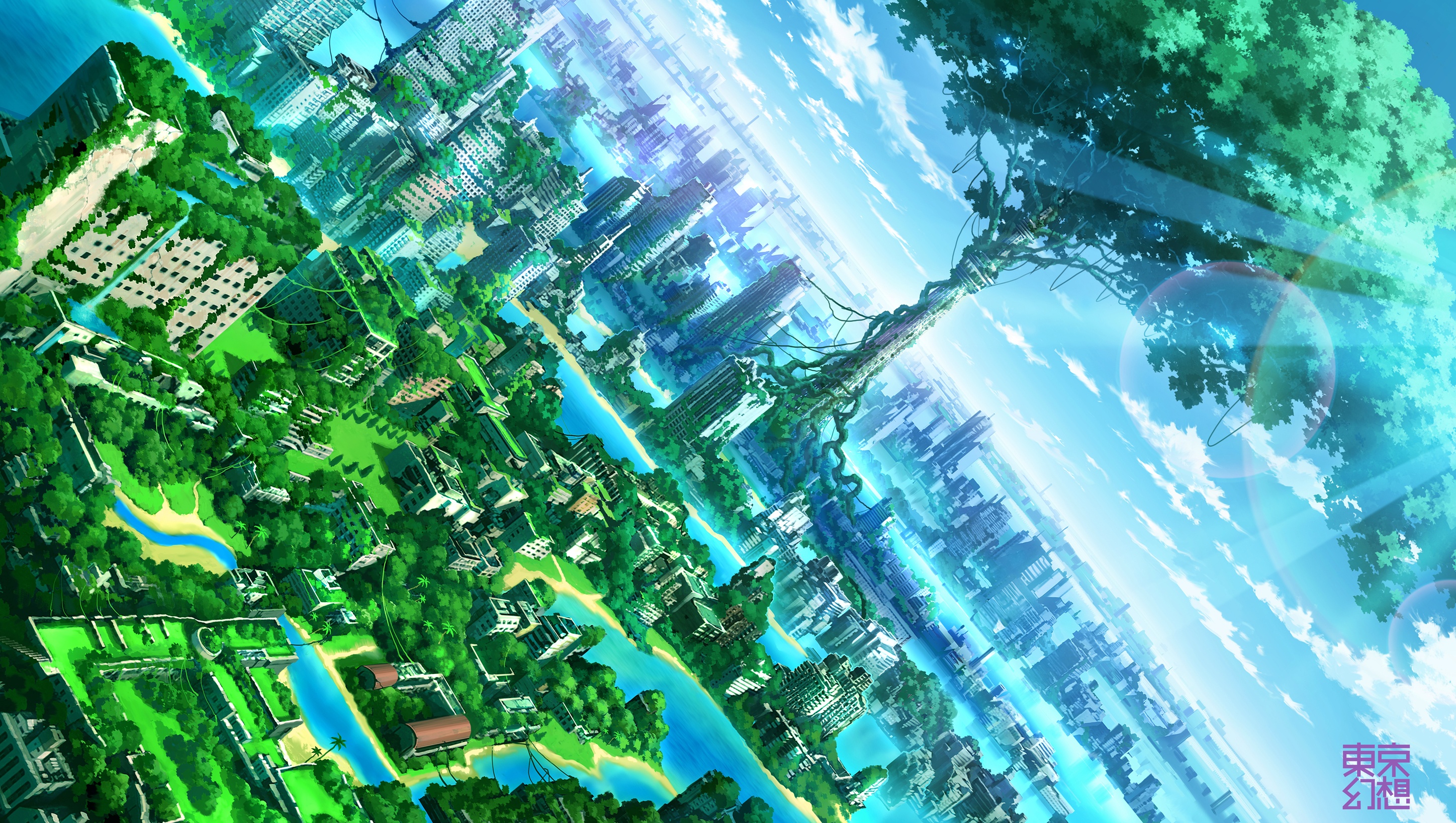 Обои city, green, landscape, blue, anime, water, tree, building на телефон  и рабочий стол, раздел аниме, разрешение 2896x1636 - скачать