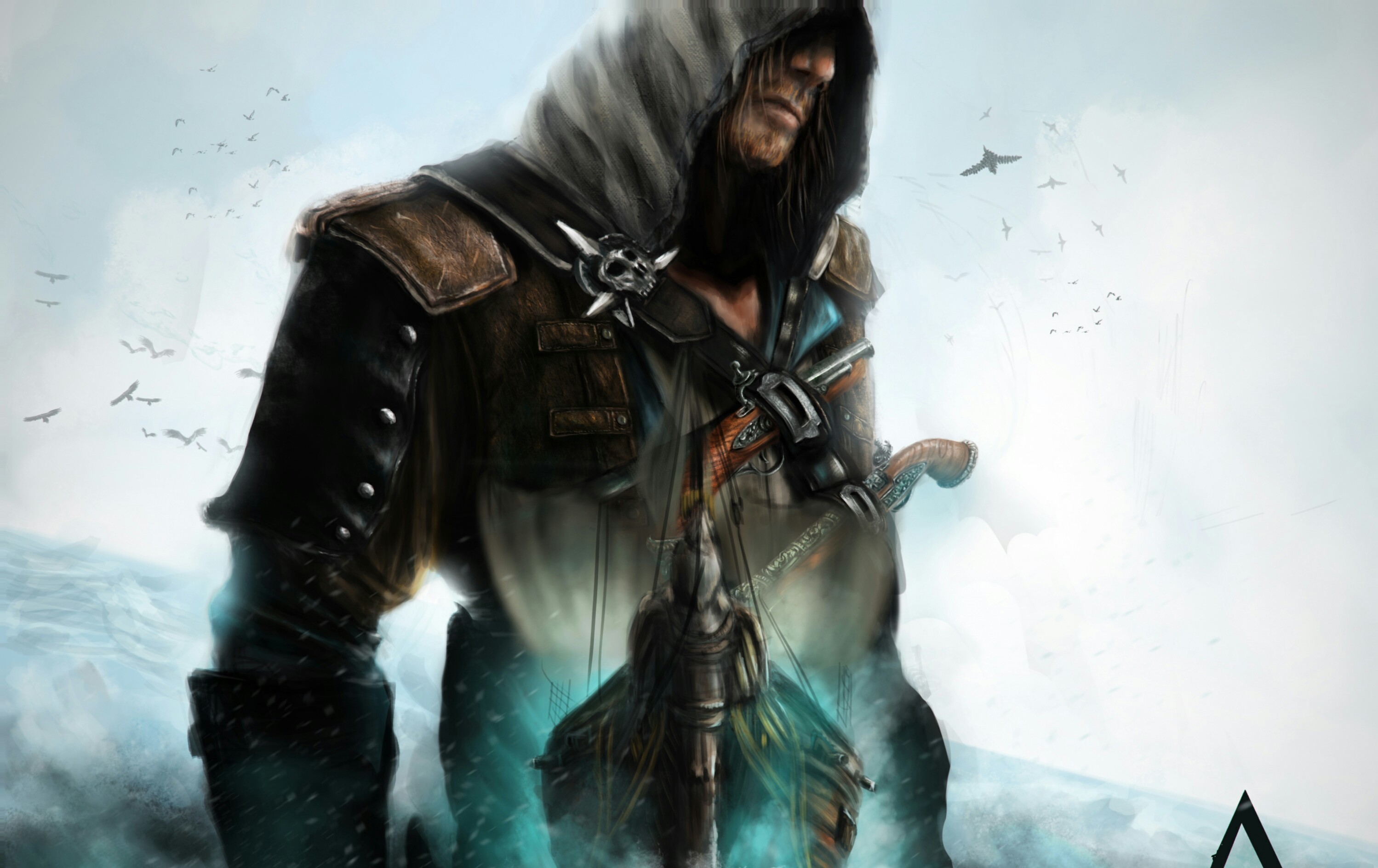 Скачать обои море, вода, птицы, арт, assassins creed, Эдвард Кенуэй, Edward  Kenway, IV black flag, раздел игры в разрешении 2997x1889