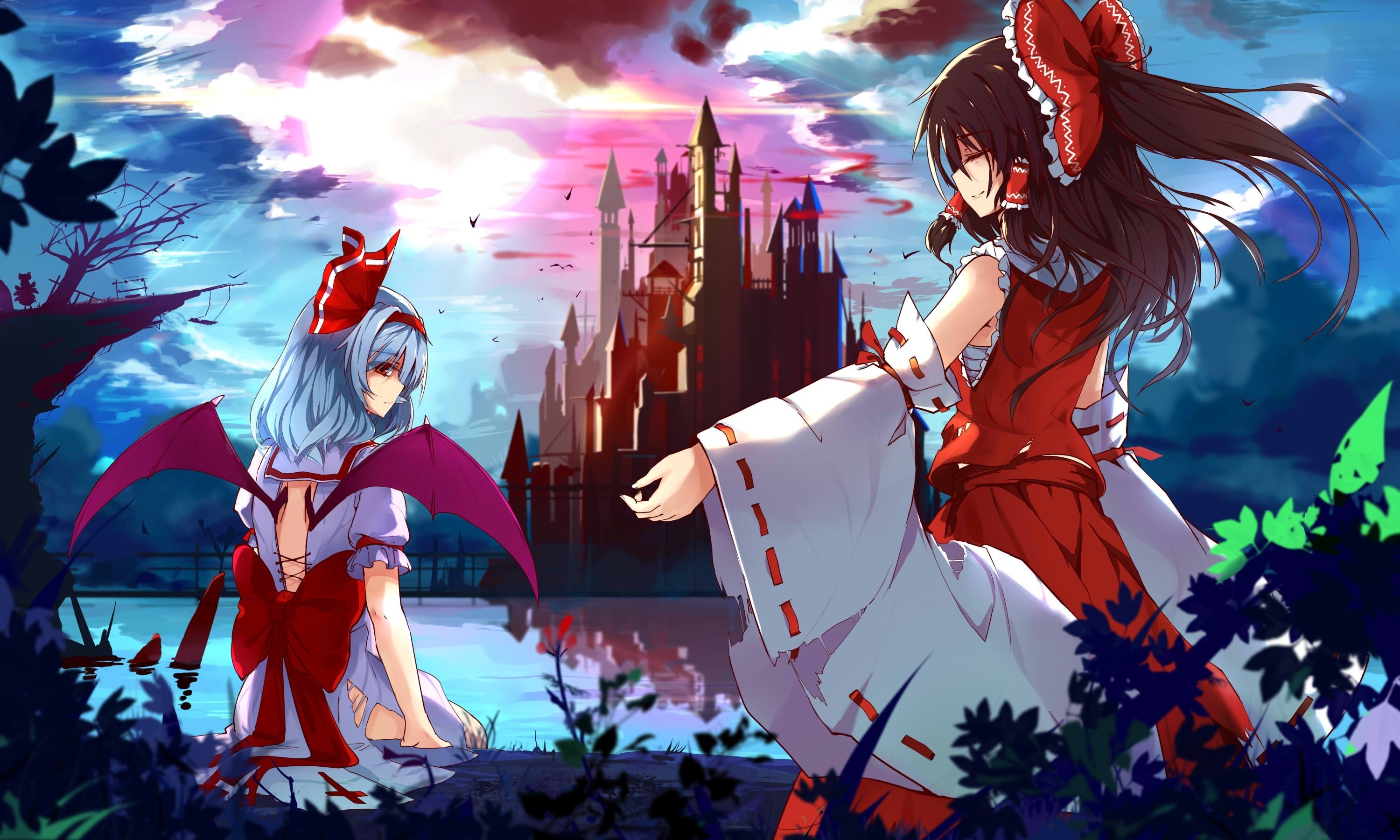 Обои ночь, озеро, замок, крылья, бант, полнолуние, remilia scarlet, hakurei  reimu на телефон и рабочий стол, раздел игры, разрешение 3000x1800 - скачать