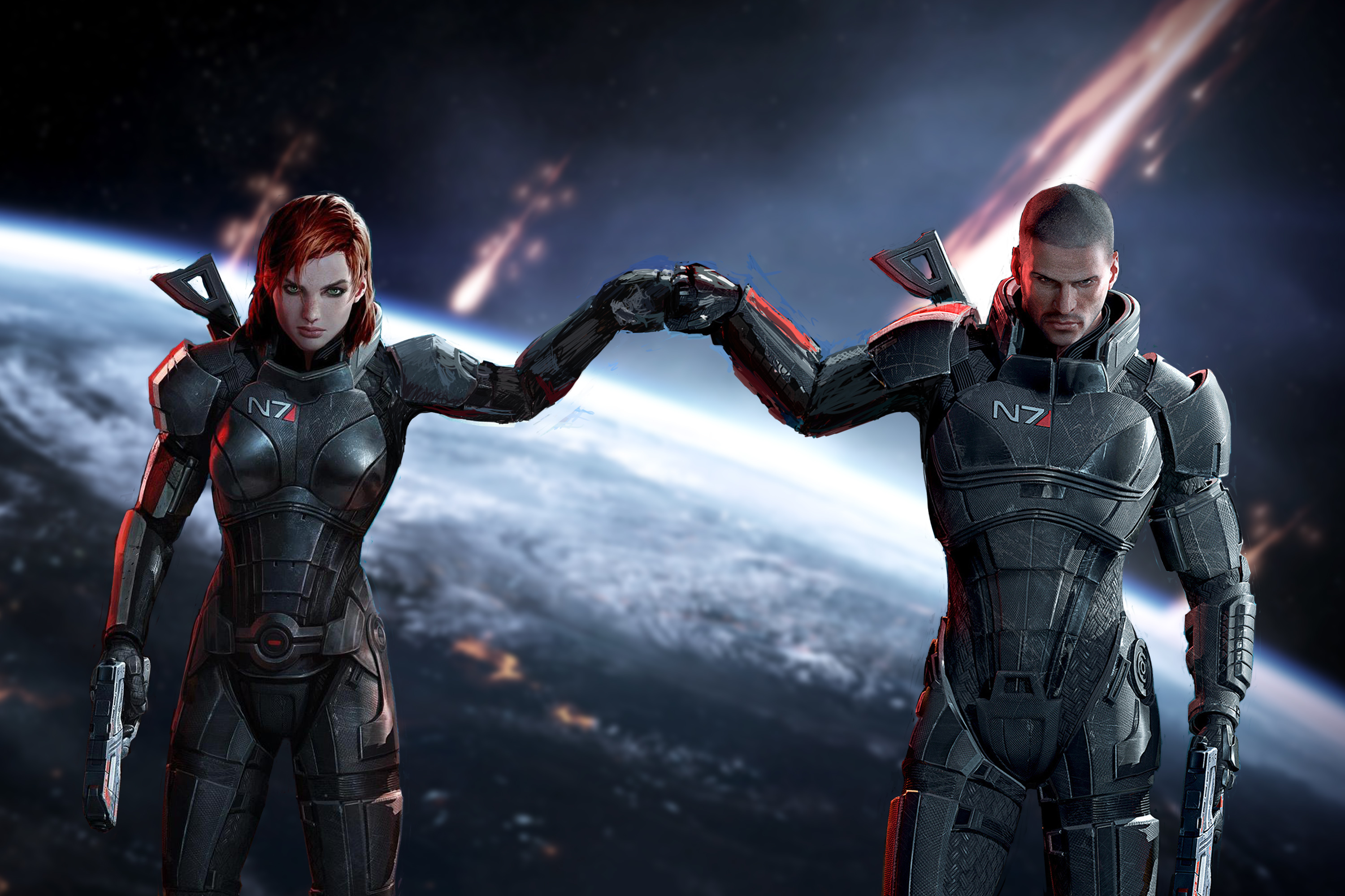 Скачать обои оружие, игра, арт, броня, John Shepard, Mass Effect, Jane  Shepard, раздел игры в разрешении 3000x2000