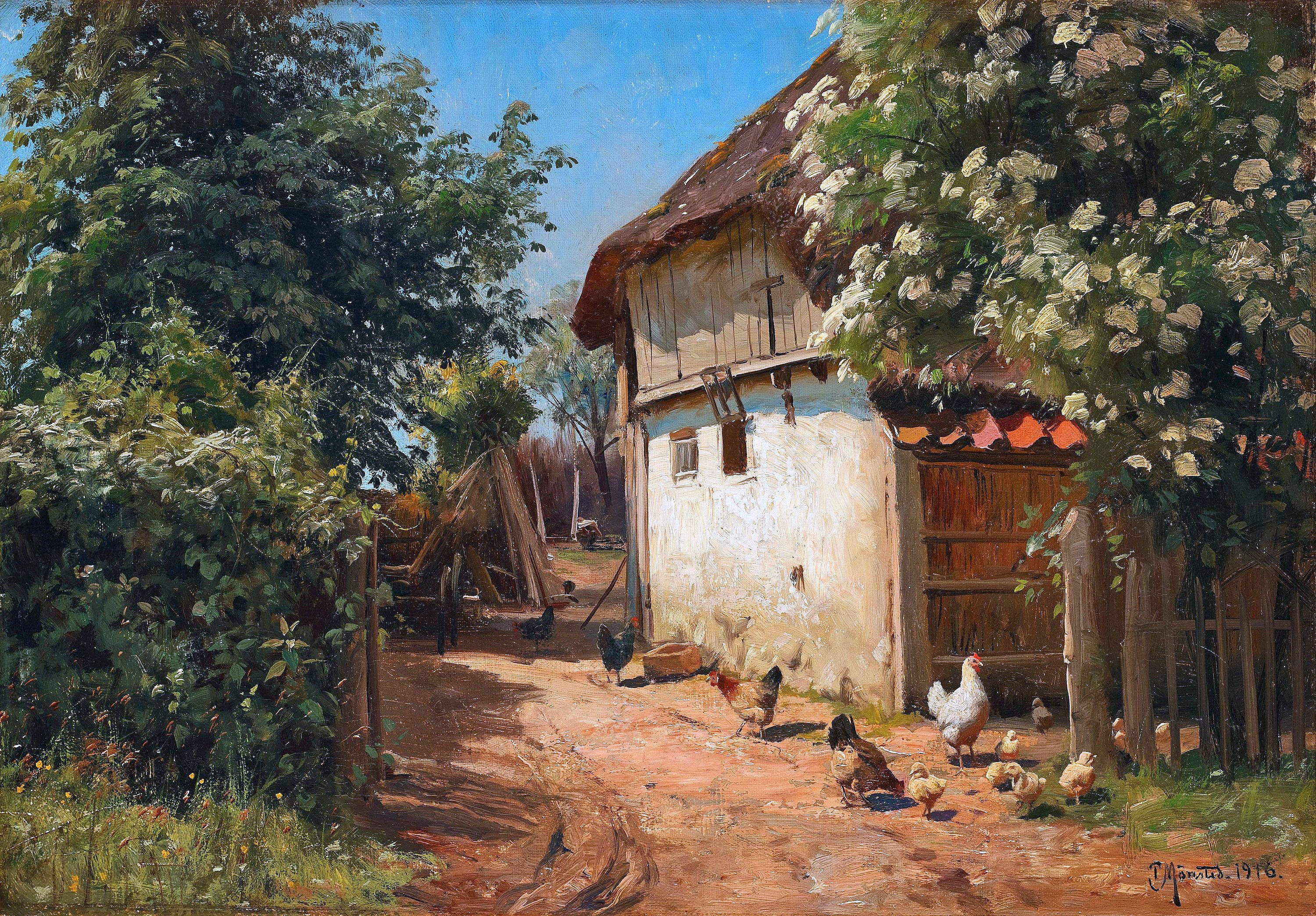 Скачать обои Дома, Деревья, Картина, Цыплята, Peder Mork Monsted, Петер  Мёрк Мёнстед, Peder Mørk Mønsted, Куры, раздел живопись в разрешении  3000x2088