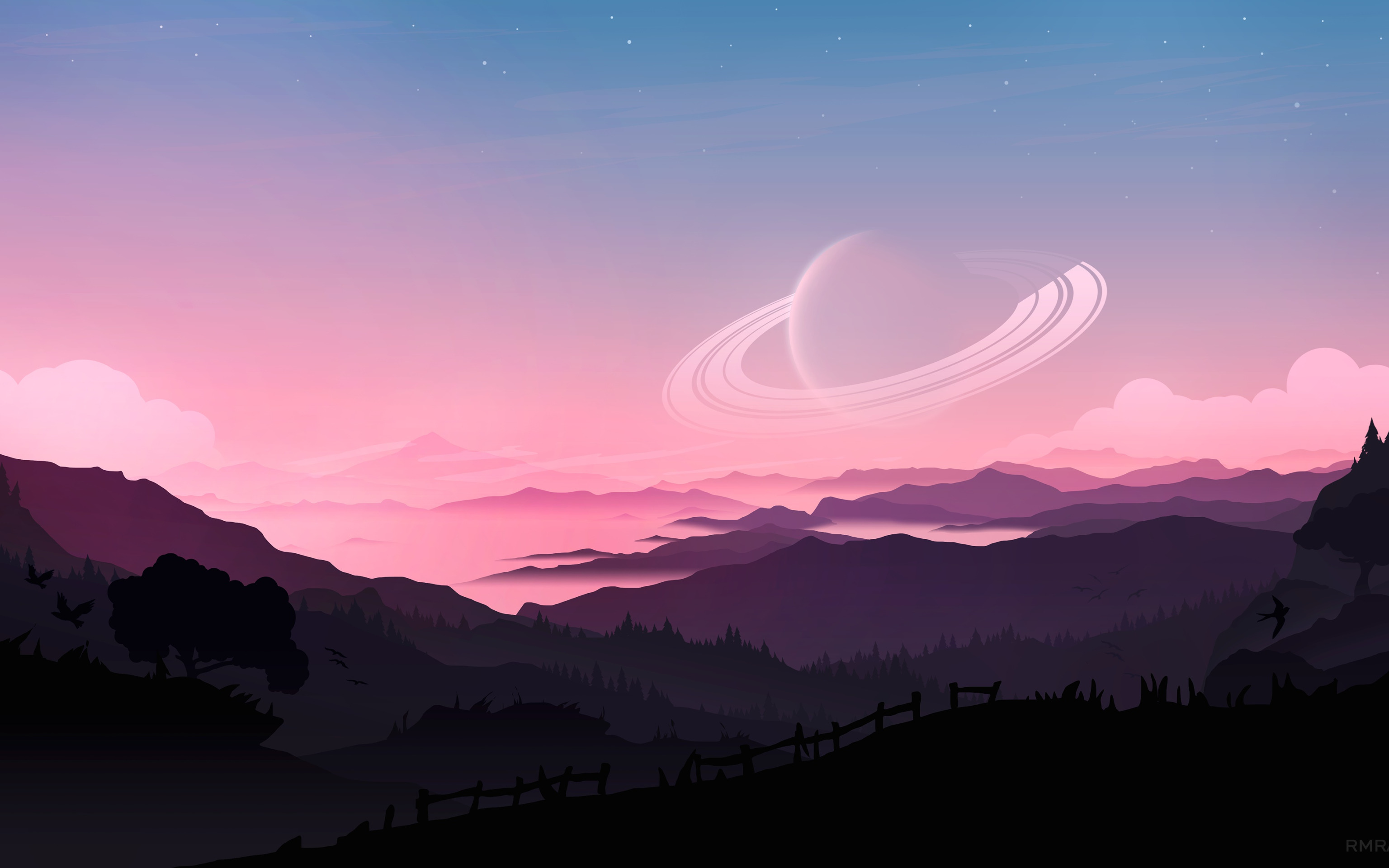 fantasy, forest, Saturn, sky, trees, sunset, mountains, clouds