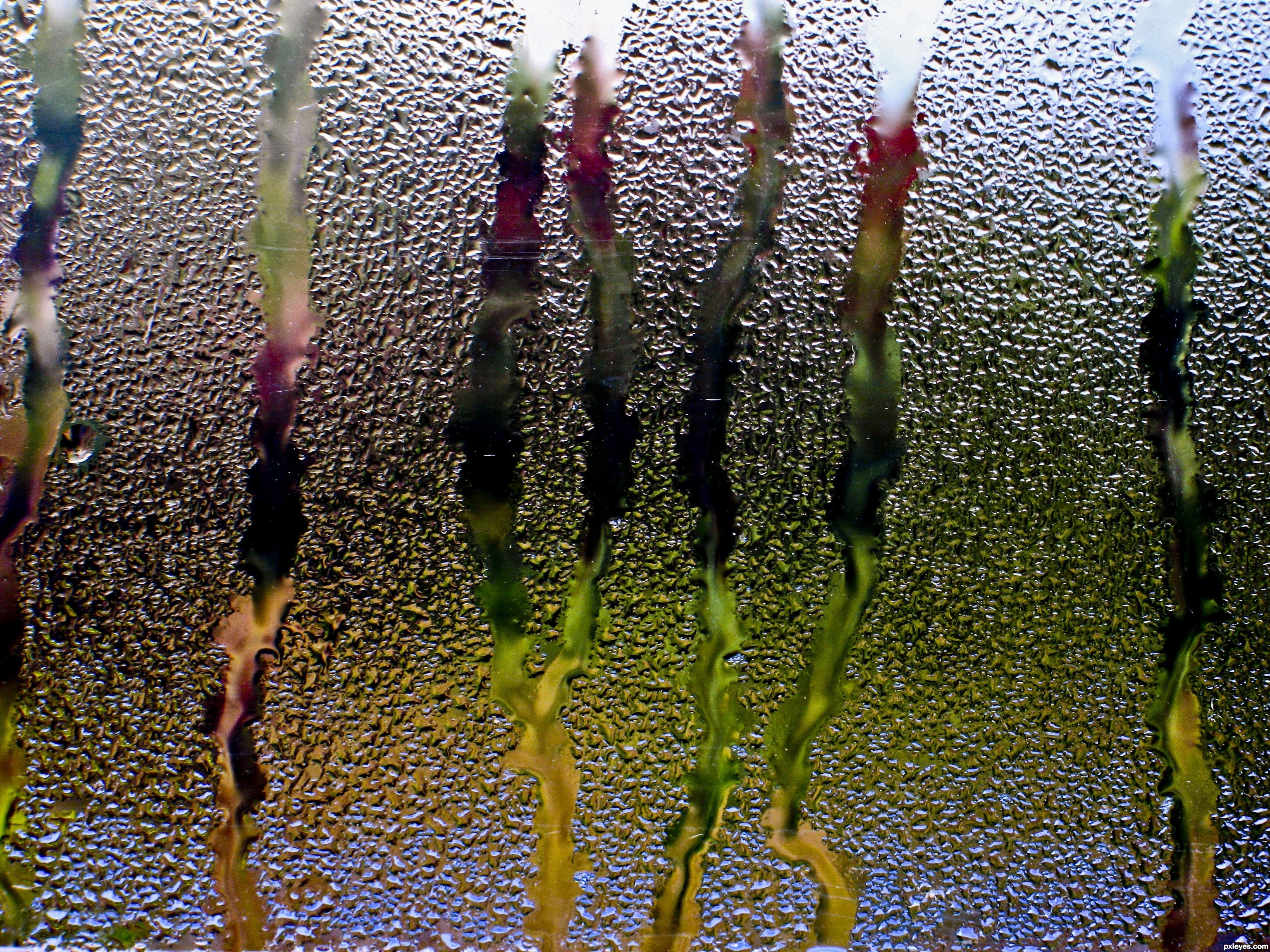 Цветной дождь. Капли на стекле. Капли стекают по стеклу. Капли воды на стекле.