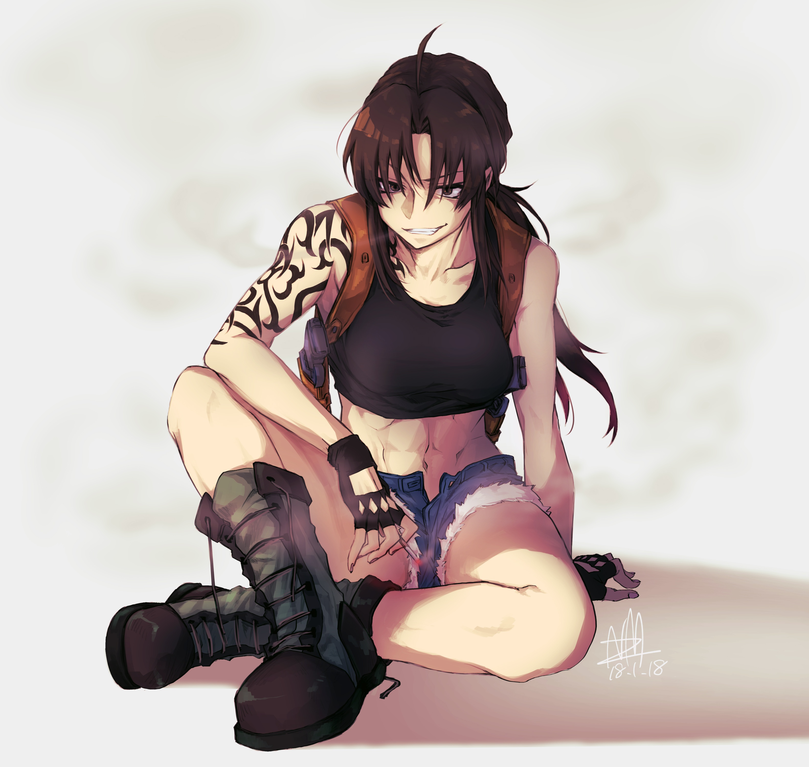 Обои Black Lagoon, Revy, girl, gun, shorts, smoke, weapon, anime на телефон  и рабочий стол, раздел сэйнэн, разрешение 3164x3000 - скачать