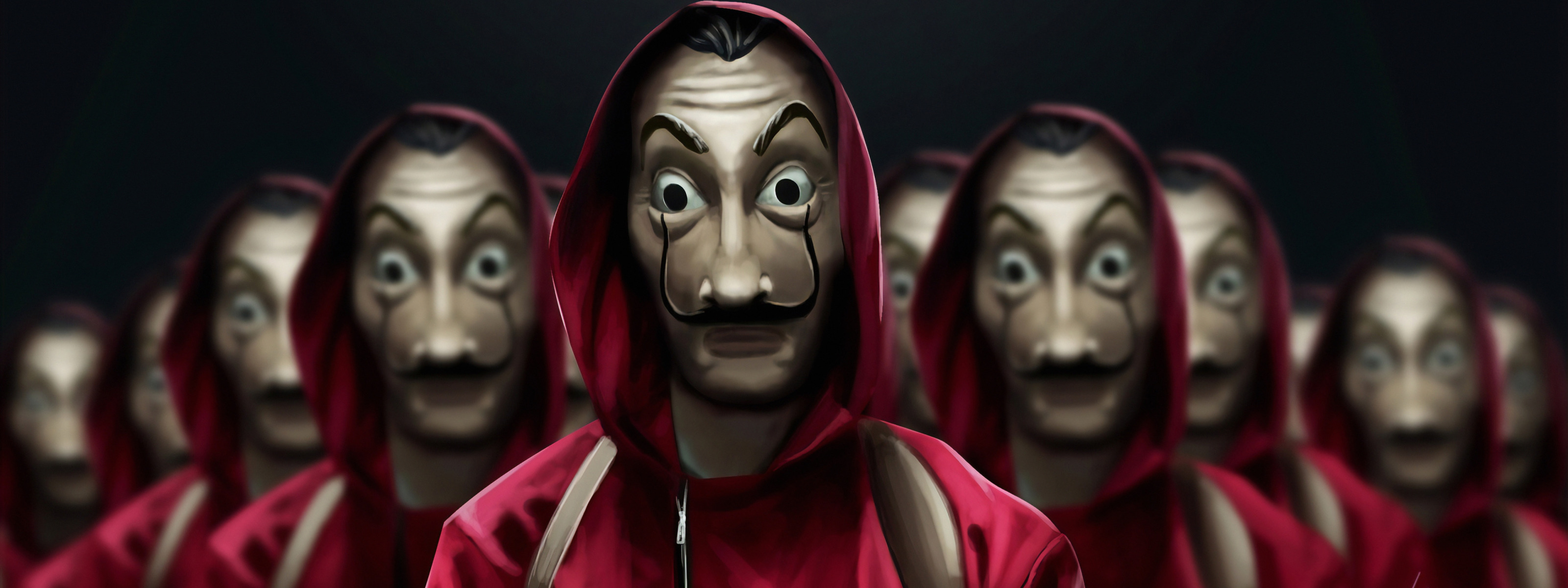 Скачать обои люди, маска, сериал, маски, TV series, La Casa de Papel, Бумажный  дом, Money Heist, раздел фильмы в разрешении 3200x1200