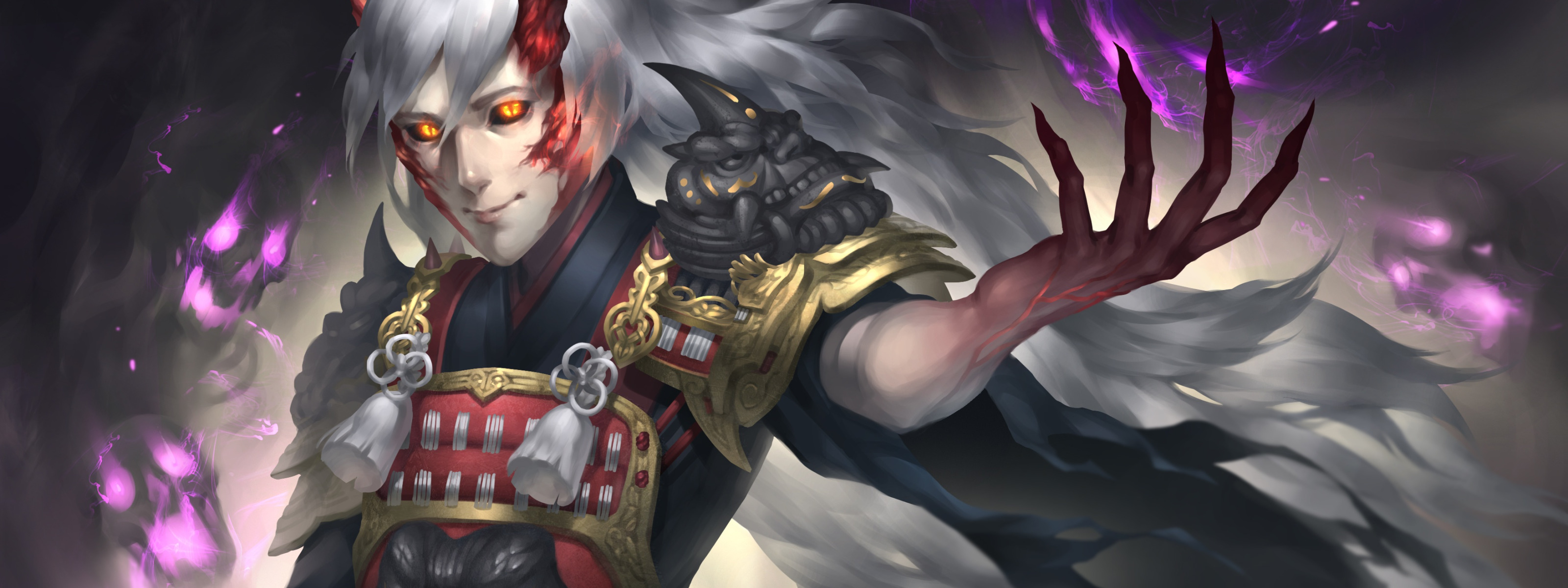 Скачать обои рука, демон, art, доспех, onmyoji, ibaraki douji, раздел арт в  разрешении 3200x1200