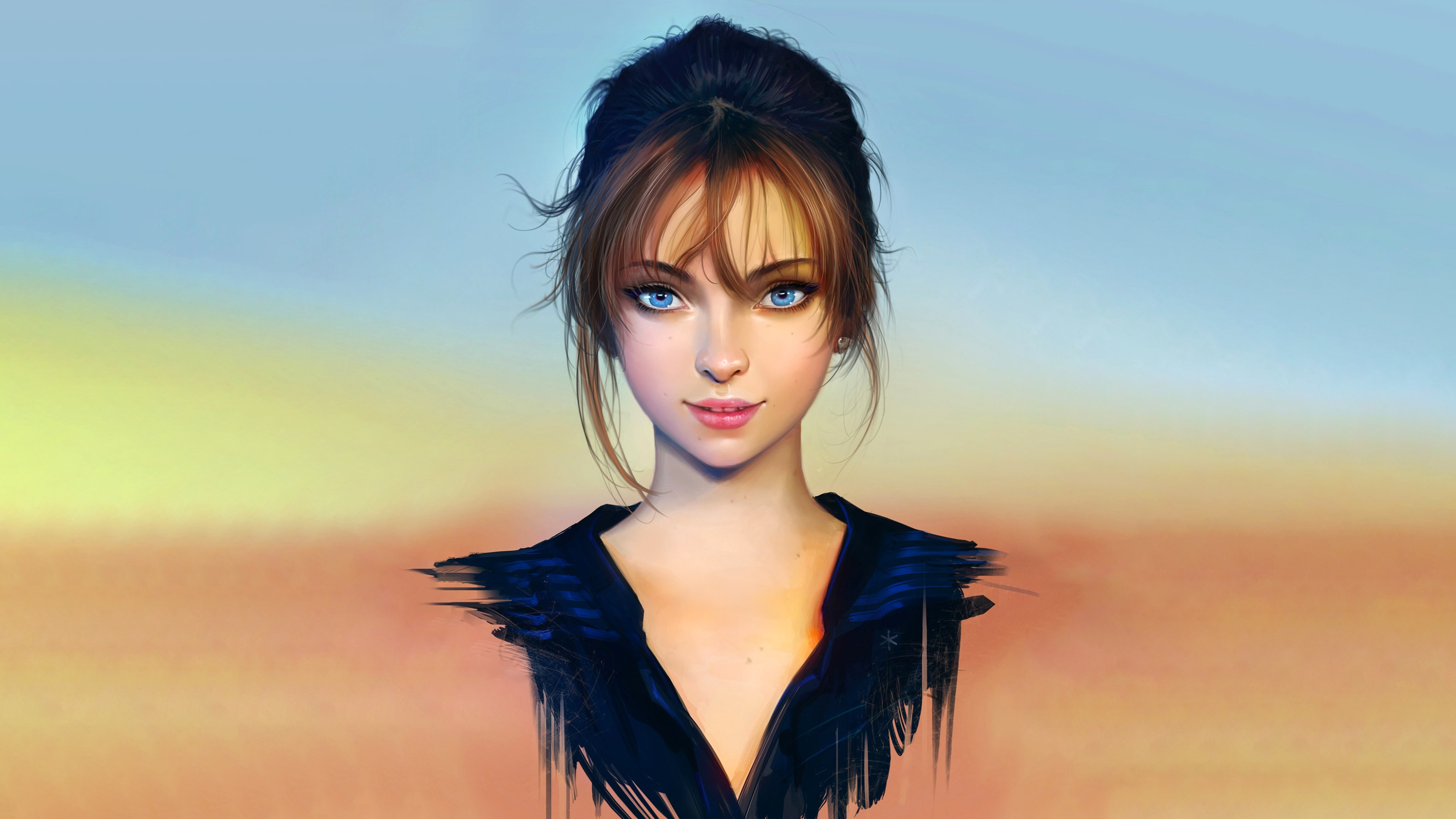 Скачать обои girl, smile, anime, blue eyes, beautiful, short hair, pretty,  lips, раздел арт в разрешении 3200x1800