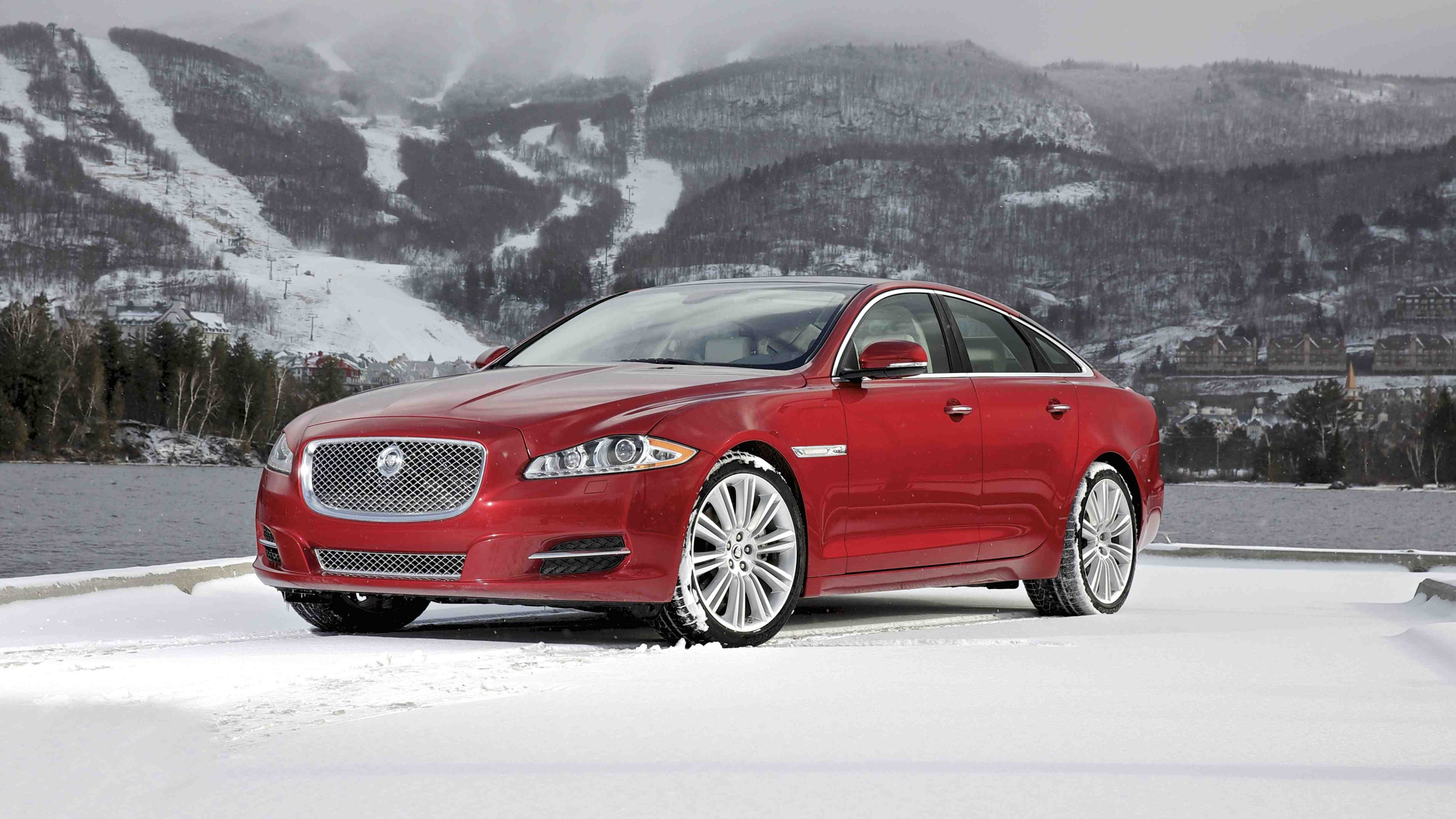 зима, снег, красный, Jaguar, автомобиль, передок