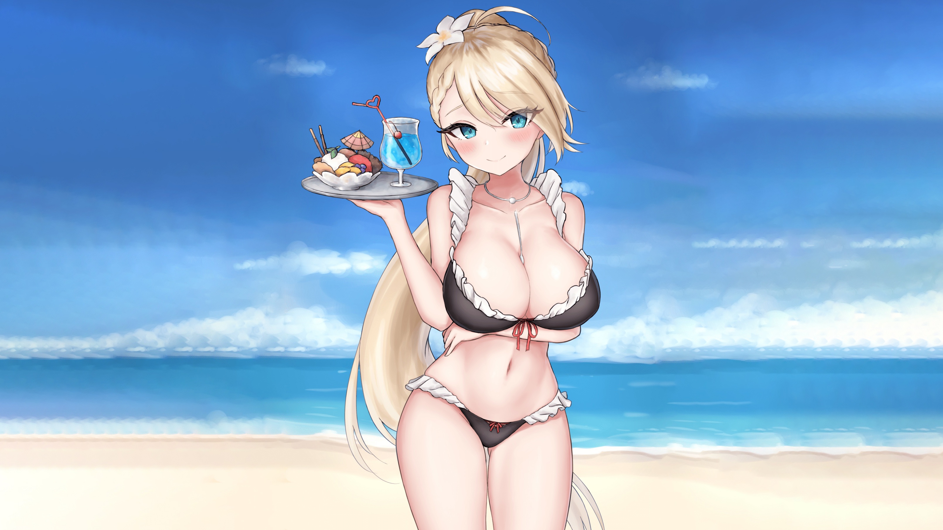 Обои sexy, beach, long hair, sea, boobs, anime, blue eyes, beautiful на  телефон и рабочий стол, раздел сэйнэн, разрешение 3218x1810 - скачать