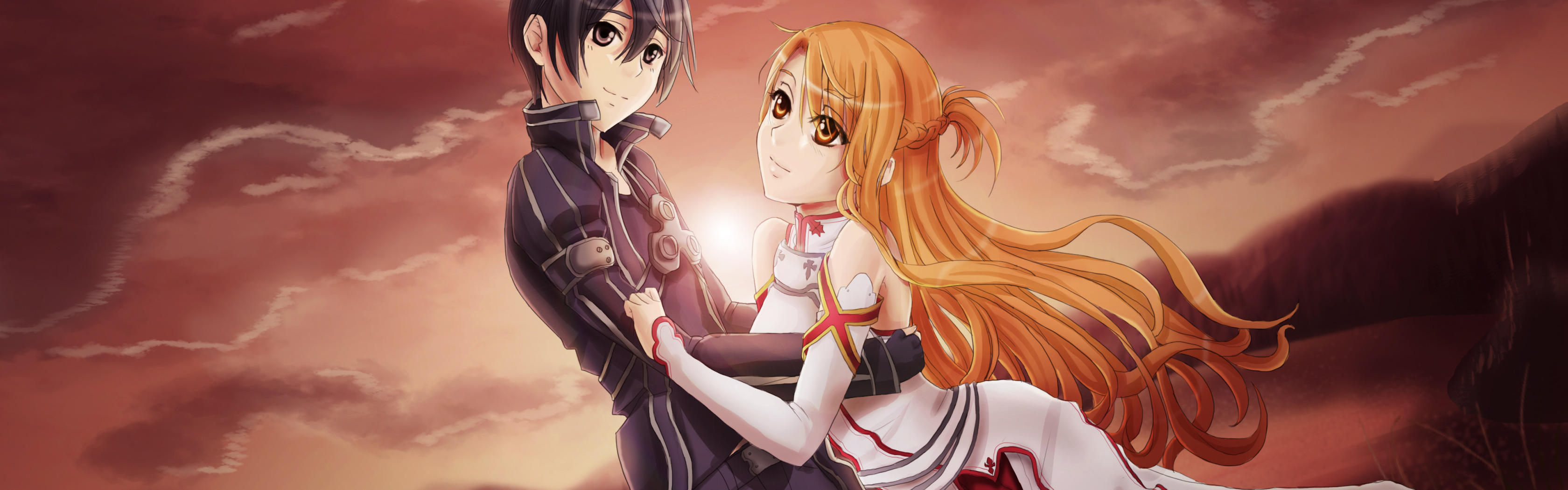 Скачать обои девушка, аниме, парень, Kirito, Asuna, Sword art Online,  раздел сёнэн в разрешении 3360x1050