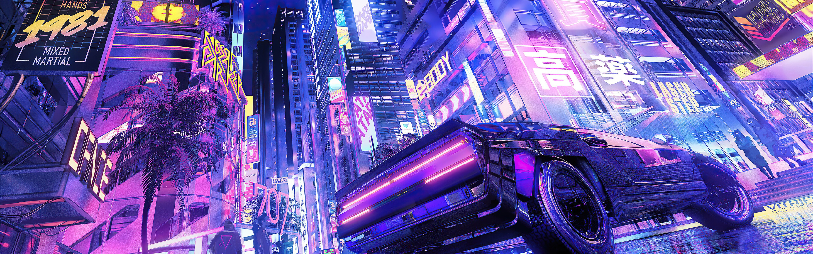 Скачать обои car, supercar, japan, anime, art, street, cyberpunk, kanji,  раздел арт в разрешении 3360x1050